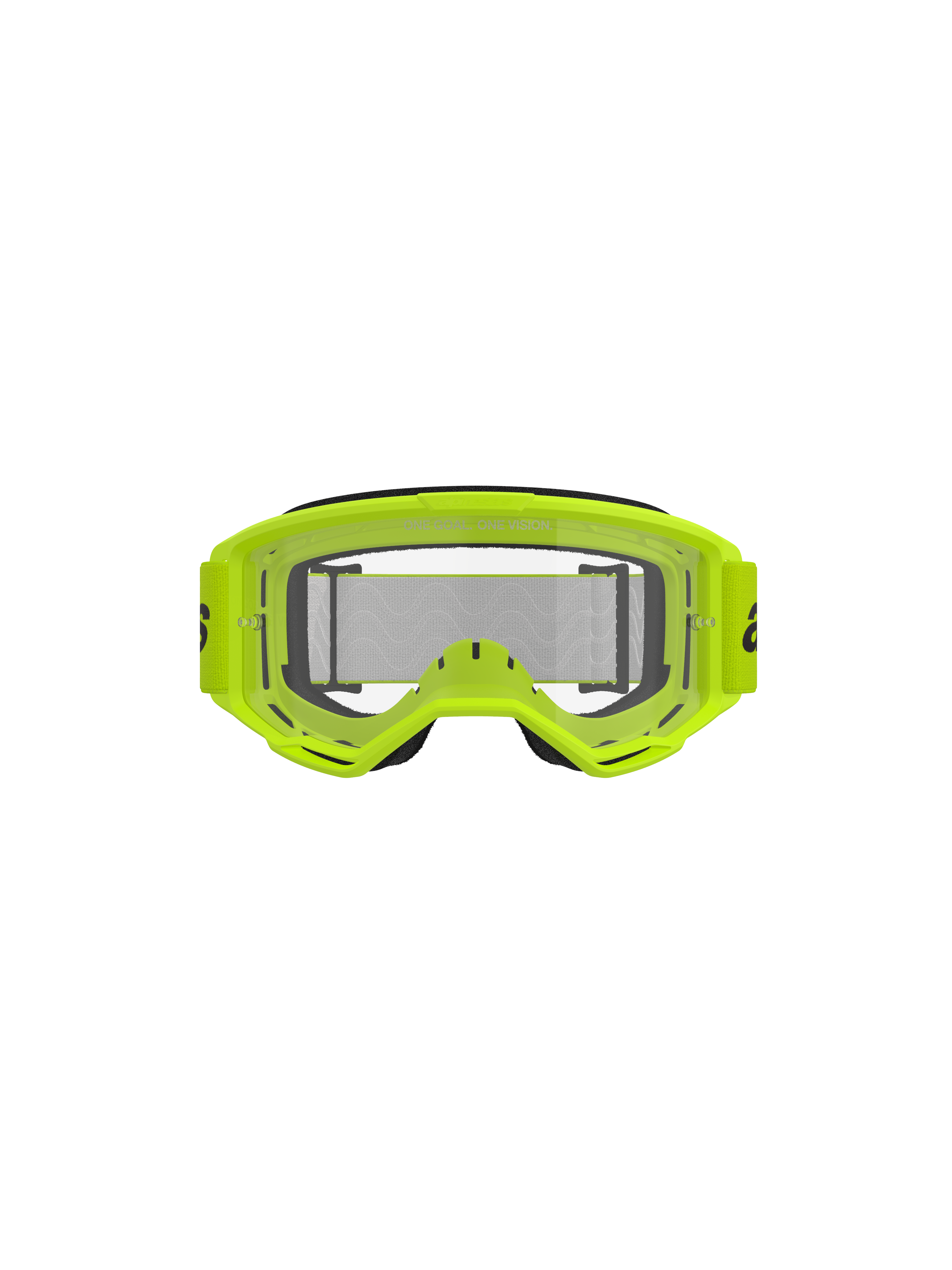 Alpinestars Vision 3 Wordmark Goggles, gogle motocrossowe, żółte fluo i przezroczyste, jasna neonowa żółta ramka, przezroczysta soczewka przeciwmgielna, szeroki tkany pasek, wyścigowy sprzęt off-road