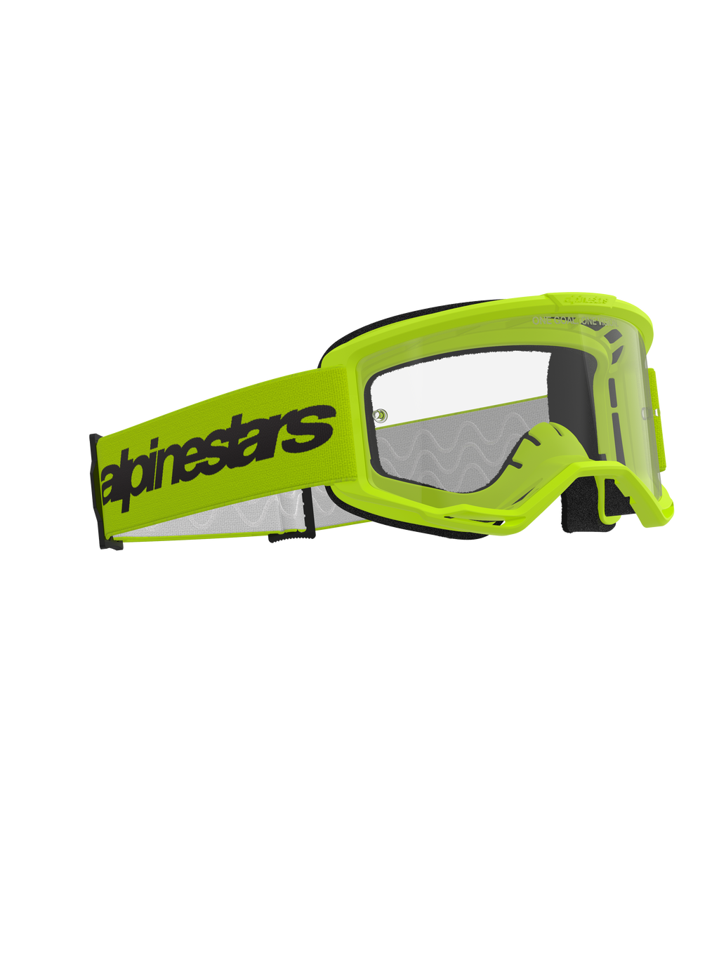 Alpinestars Vision 3 Wordmark Goggles, gogle motocrossowe, żółty fluorescencyjny z przezroczystą soczewką, szeroki żółty fluorescencyjny pasek z czarnym napisem Alpinestars, lekka oprawka A-FLEX z wentylacją RAM-AIR, wysokiej klasy ochrona oczu do jazdy terenowej