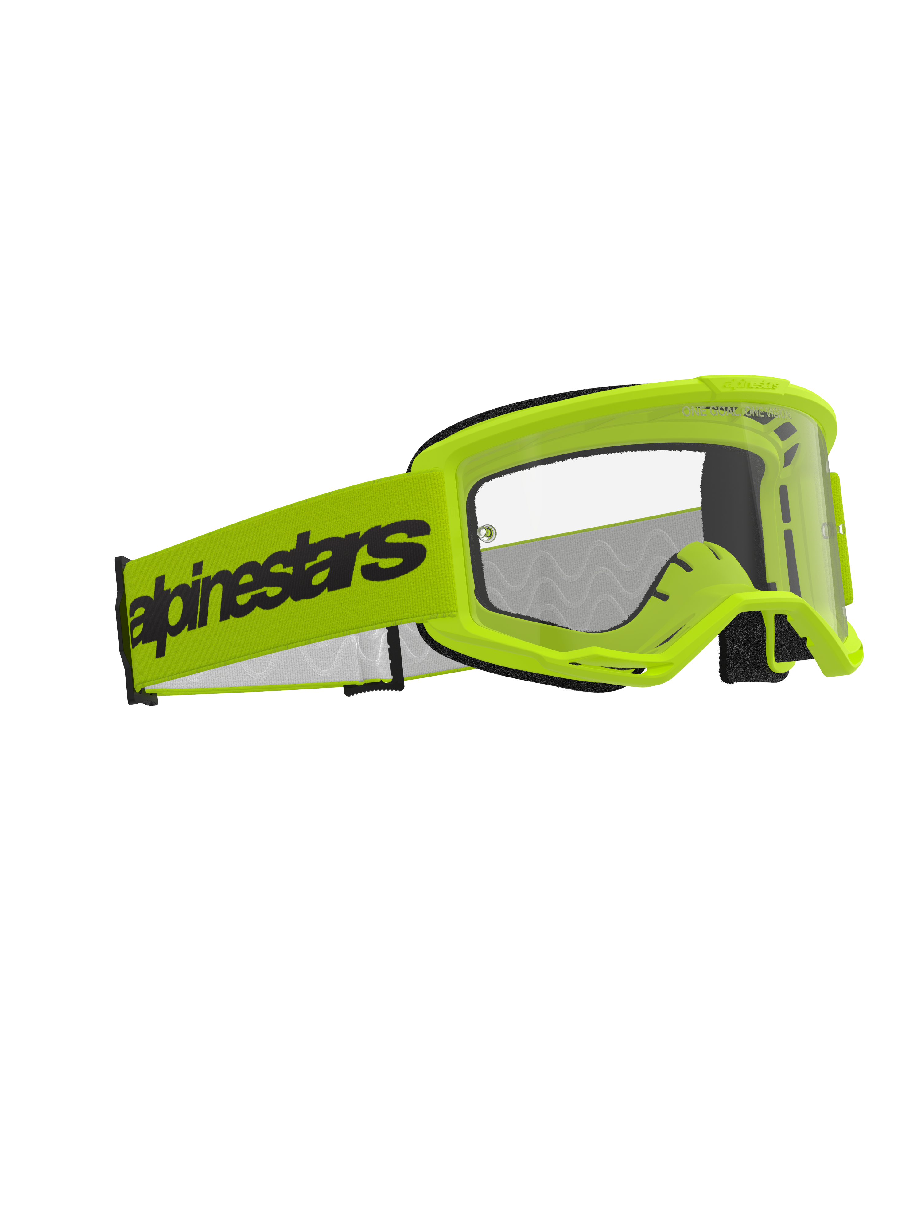 Alpinestars Vision 3 Wordmark Goggles, gogle motocrossowe, żółty fluorescencyjny z przezroczystą soczewką, szeroki żółty fluorescencyjny pasek z czarnym napisem Alpinestars, lekka oprawka A-FLEX z wentylacją RAM-AIR, wysokiej klasy ochrona oczu do jazdy terenowej