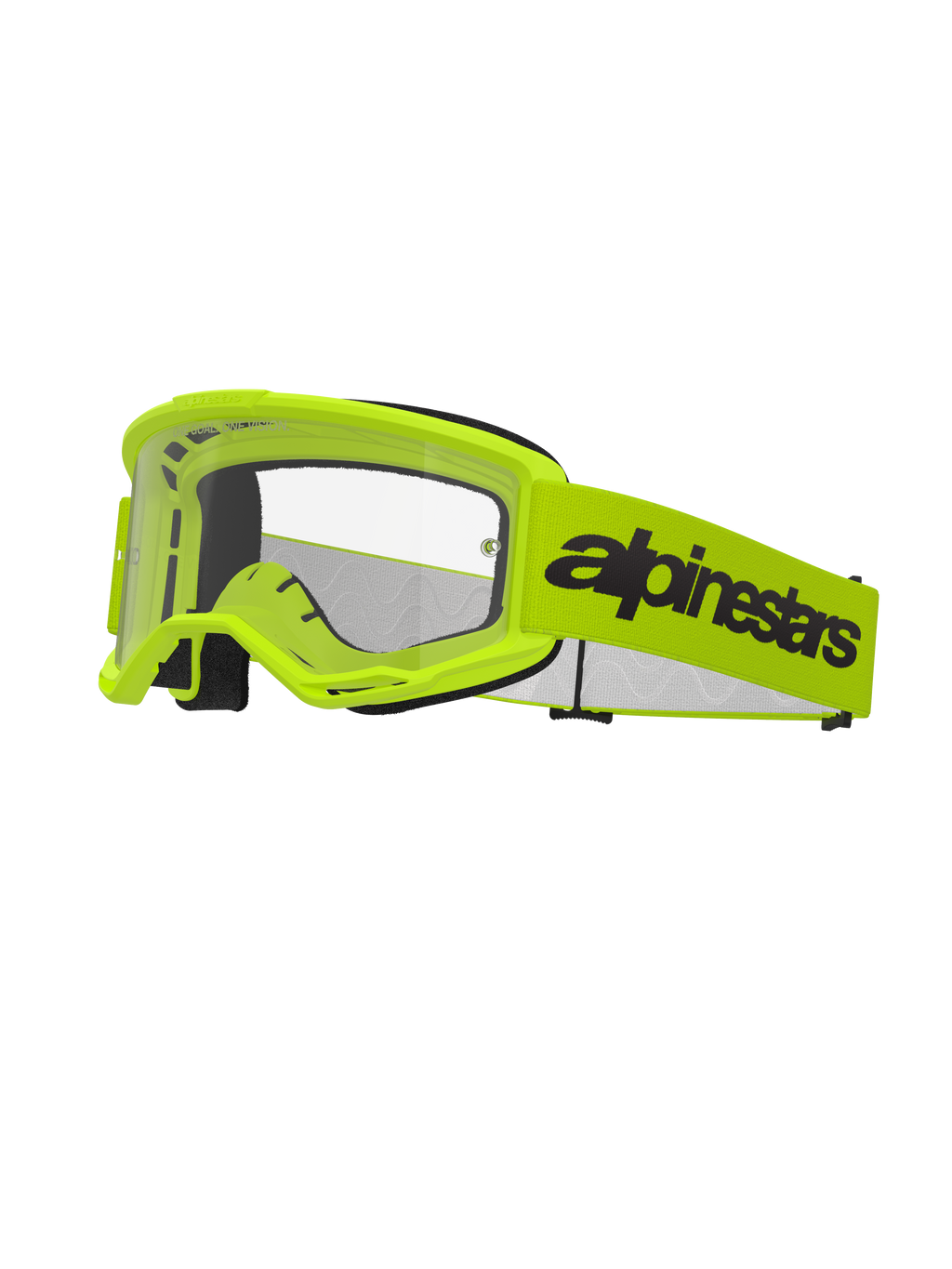 Alpinestars Vision 3 Wordmark Goggles, gogle motocrossowe, żółty neonowy i czarny, przezroczysta soczewka, szeroki żółty pasek z wyraźnym czarnym logotypem, czarna piankowa wyściółka, gogle do wyścigów terenowych