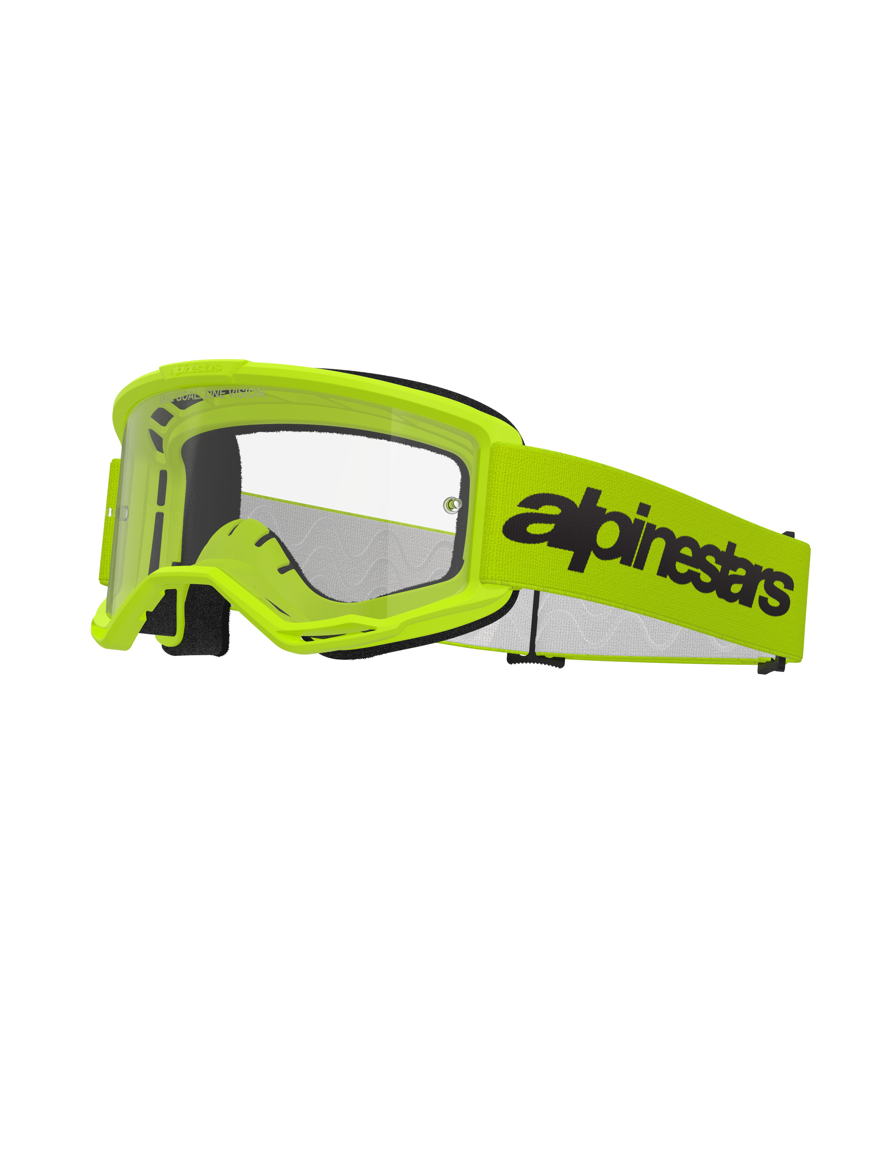 Alpinestars Vision 3 Wordmark Goggles, gogle motocrossowe, żółty neonowy i czarny, przezroczysta soczewka, szeroki żółty pasek z wyraźnym czarnym logotypem, czarna piankowa wyściółka, gogle do wyścigów terenowych