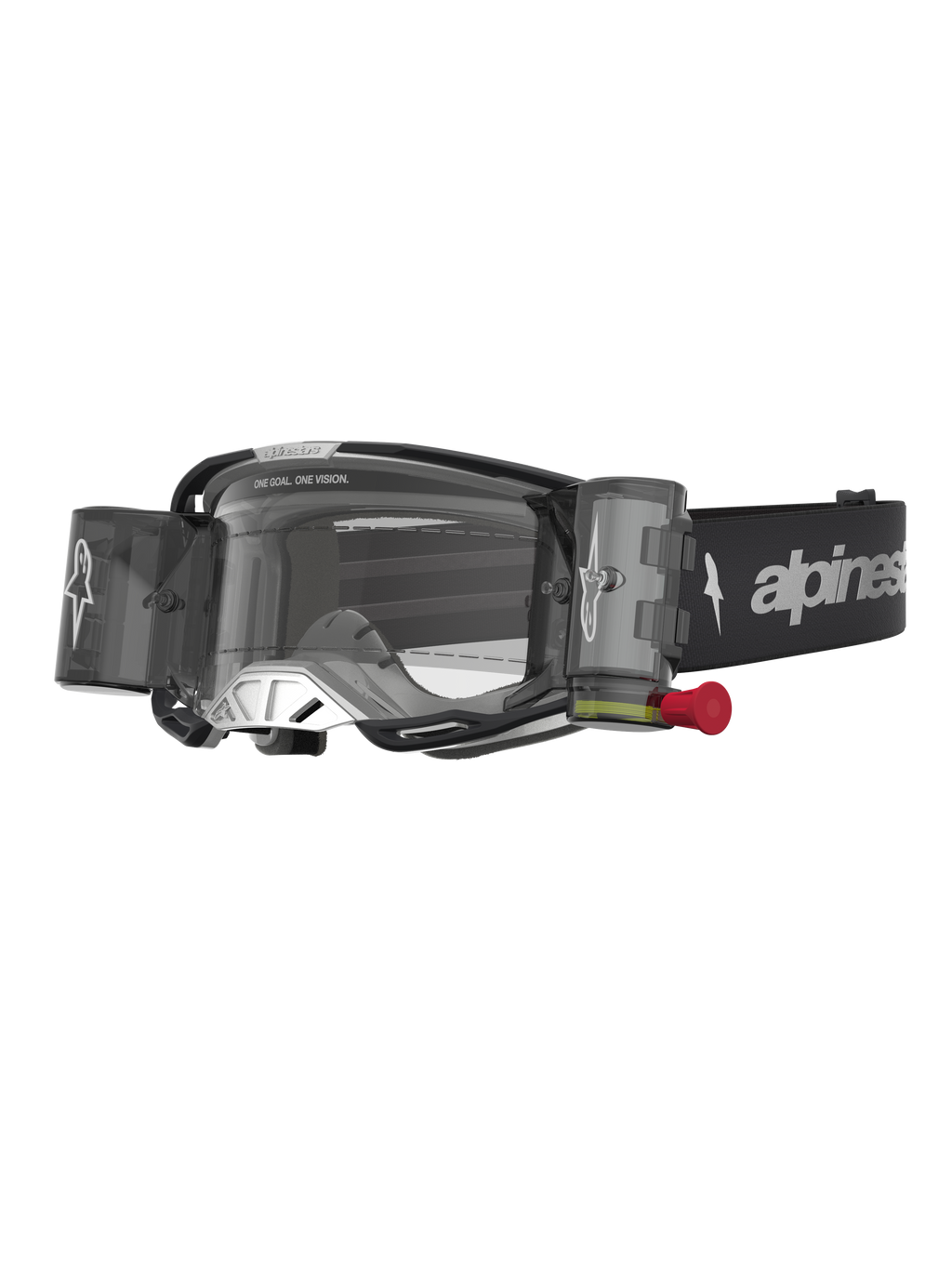 Alpinestars Vision 8 Amber Roll Off, gogle motocrossowe, czarne i srebrne, system roll-off z przezroczystą soczewką, profesjonalny sprzęt MX do jazdy w terenie