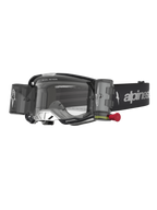 Alpinestars Vision 8 Amber Roll Off, gogle motocrossowe, czarne i srebrne, system roll-off z przezroczystą soczewką, profesjonalny sprzęt MX do jazdy w terenie