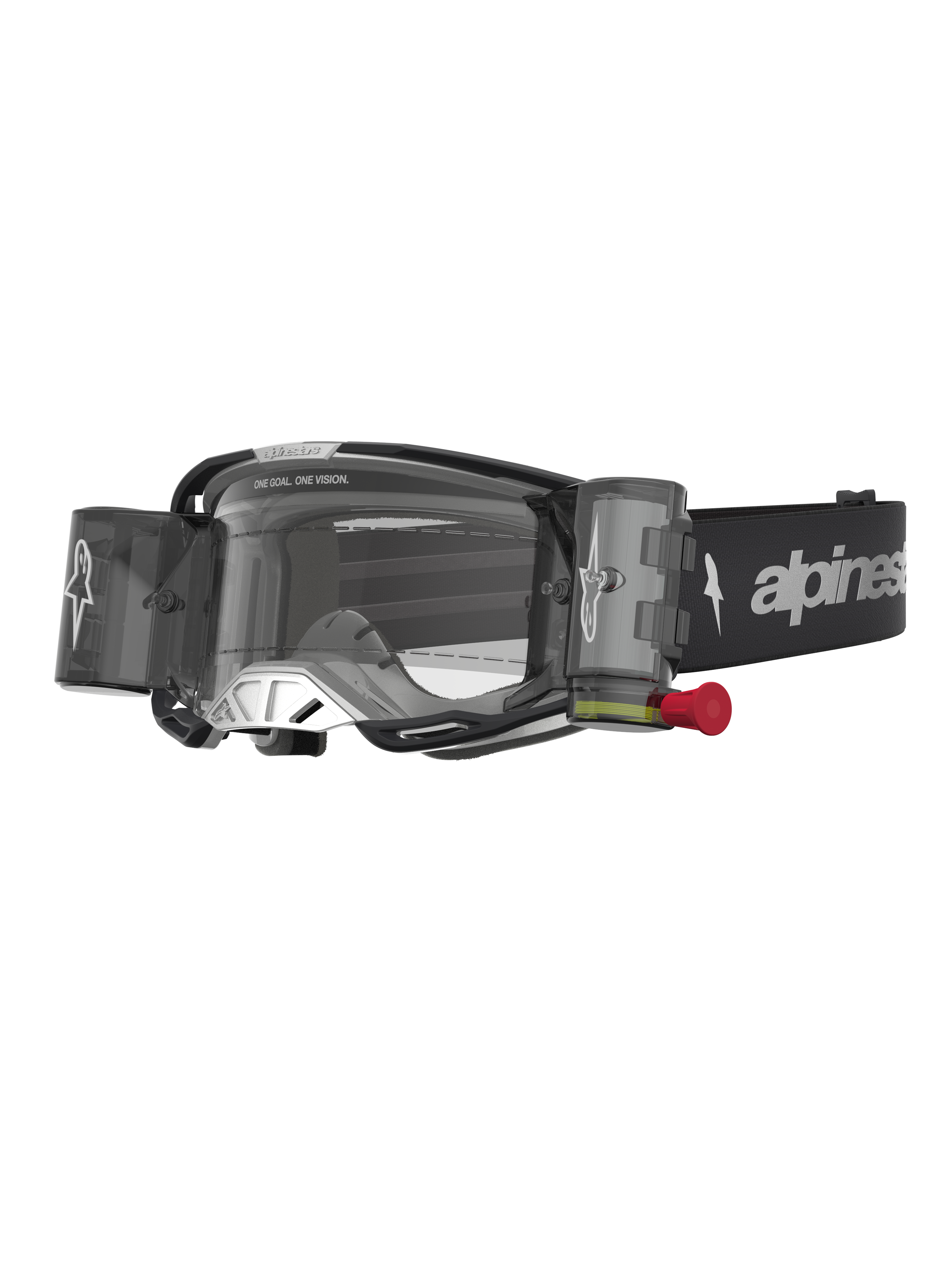 Alpinestars Vision 8 Amber Roll Off, gogle motocrossowe, czarne i srebrne, system roll-off z przezroczystą soczewką, profesjonalny sprzęt MX do jazdy w terenie