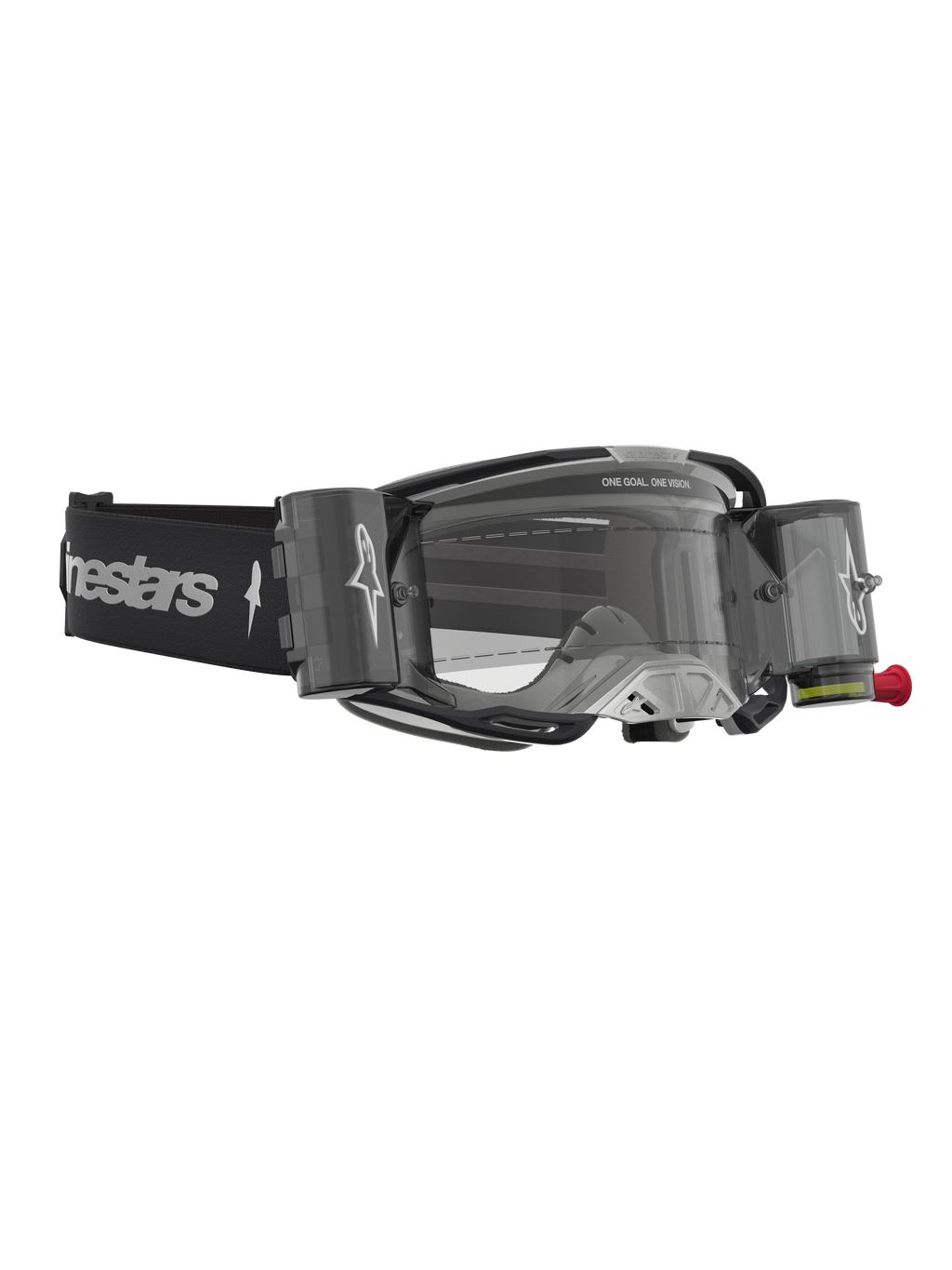 Alpinestars Vision 8 Amber Roll Off, gogle motocrossowe, czarne i srebrne, z systemem roll-off i przezroczystą soczewką.