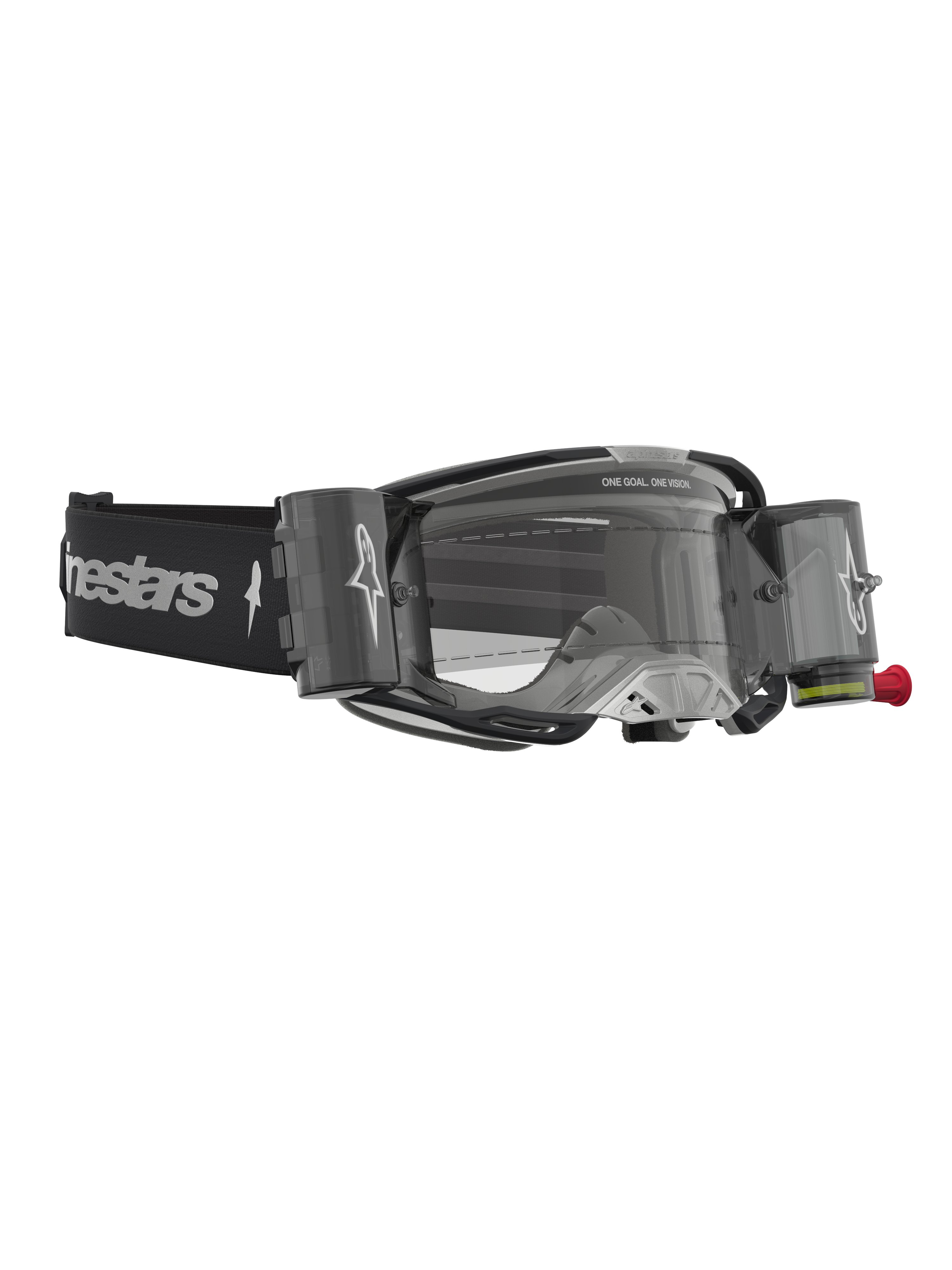 Alpinestars Vision 8 Amber Roll Off, gogle motocrossowe, czarne i srebrne, z systemem roll-off i przezroczystą soczewką.