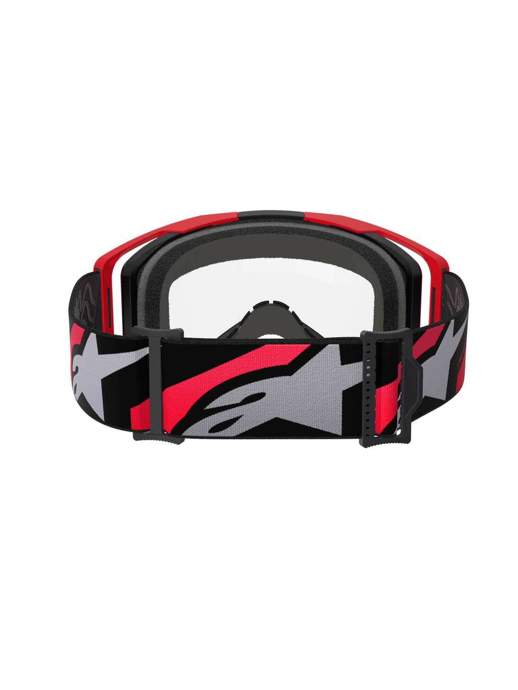 Alpinestars Vision 8 Luar Goggles, gogle motocrossowe, czerwone, czarne i przezroczyste, widok z tyłu przedstawiający szeroki tkany pasek z wyraźnym logo gwiazdy, wielowarstwową piankę twarzową i lekką konstrukcję oprawek A-FLEX