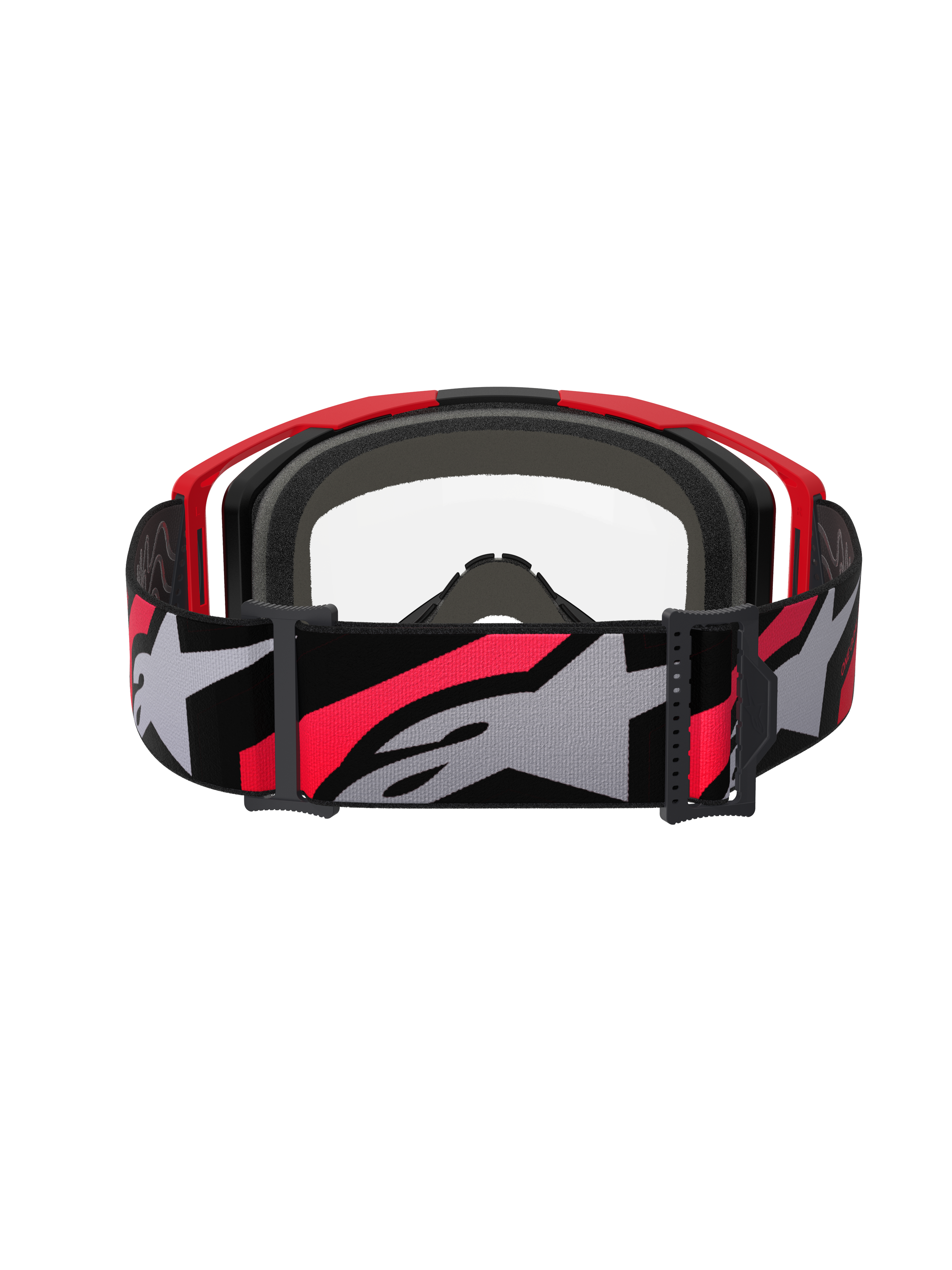 Alpinestars Vision 8 Luar Goggles, gogle motocrossowe, czerwone, czarne i przezroczyste, widok z tyłu przedstawiający szeroki tkany pasek z wyraźnym logo gwiazdy, wielowarstwową piankę twarzową i lekką konstrukcję oprawek A-FLEX