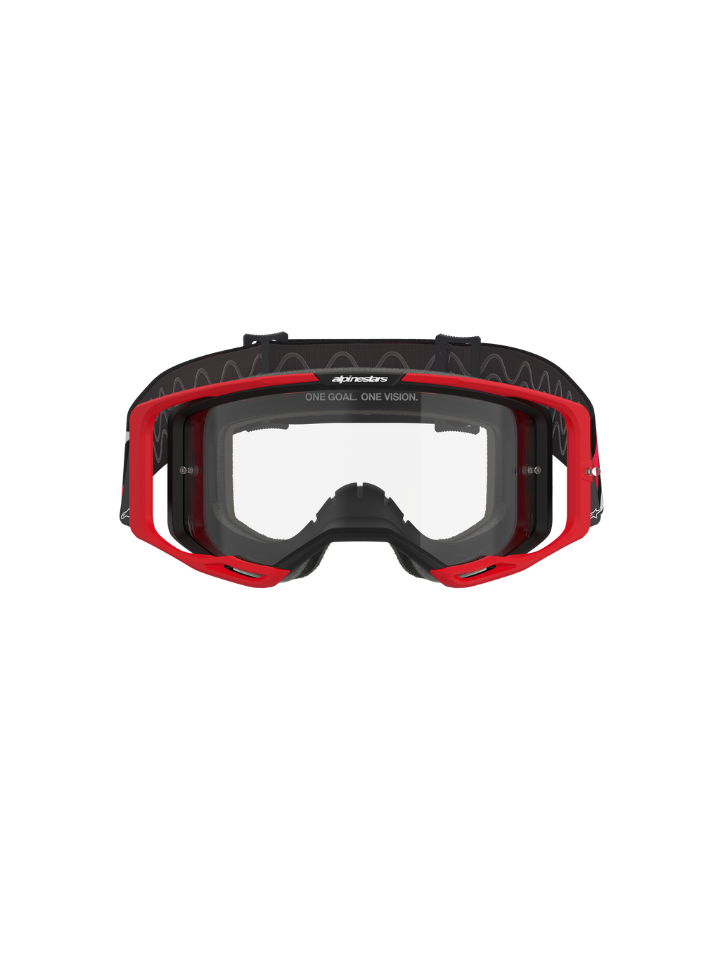 Alpinestars Vision 8 Luar Goggles, gogle motocrossowe, czerwone, czarne i przezroczyste, czerwona ramka A-FLEX, przezroczysta poliwęglanowa soczewka przeciwmgielna, czarny regulowany tkany pasek z logo, wysokiej klasy ochrona oczu do wyścigów terenowych