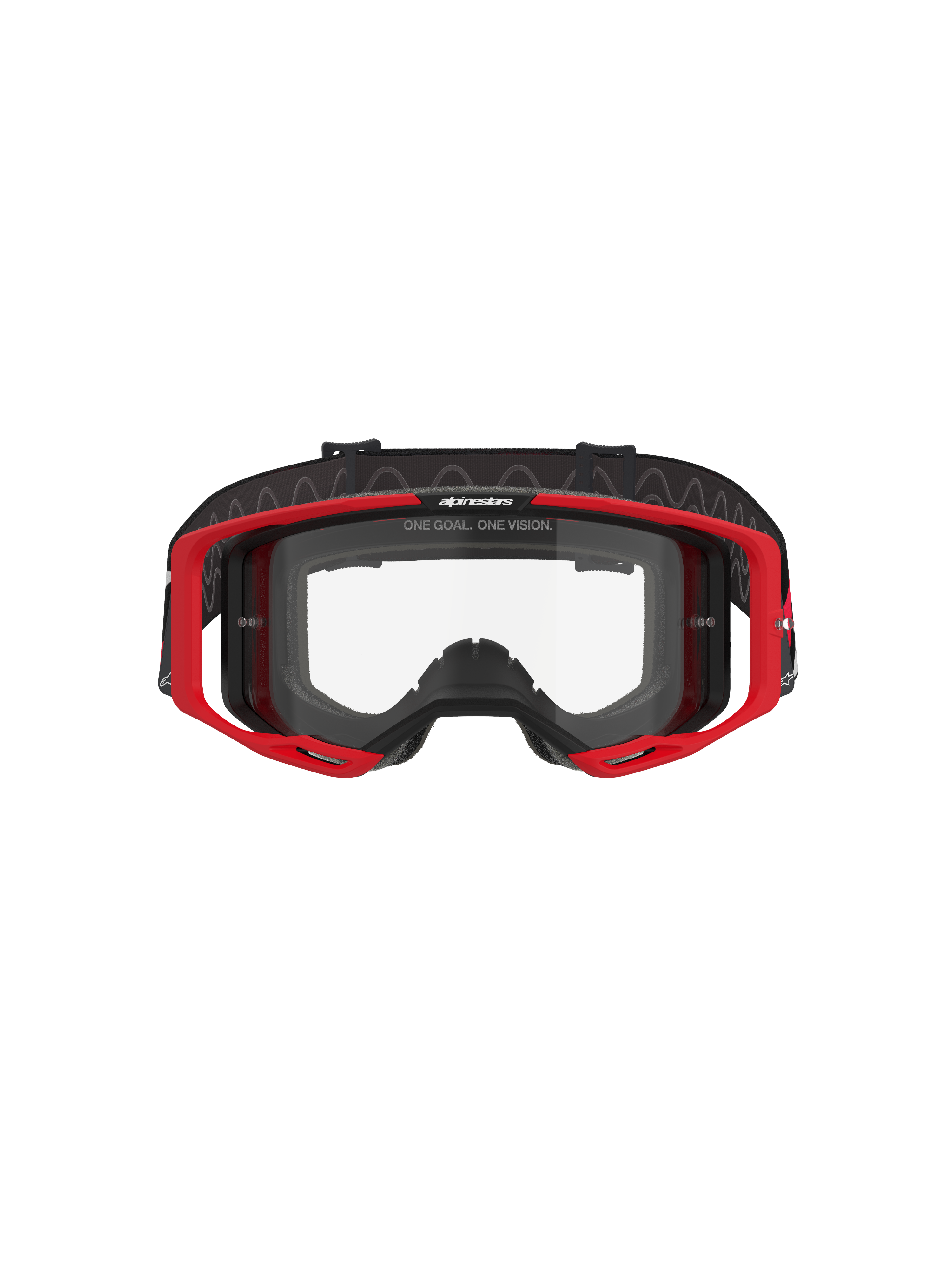 Alpinestars Vision 8 Luar Goggles, gogle motocrossowe, czerwone, czarne i przezroczyste, czerwona ramka A-FLEX, przezroczysta poliwęglanowa soczewka przeciwmgielna, czarny regulowany tkany pasek z logo, wysokiej klasy ochrona oczu do wyścigów terenowych