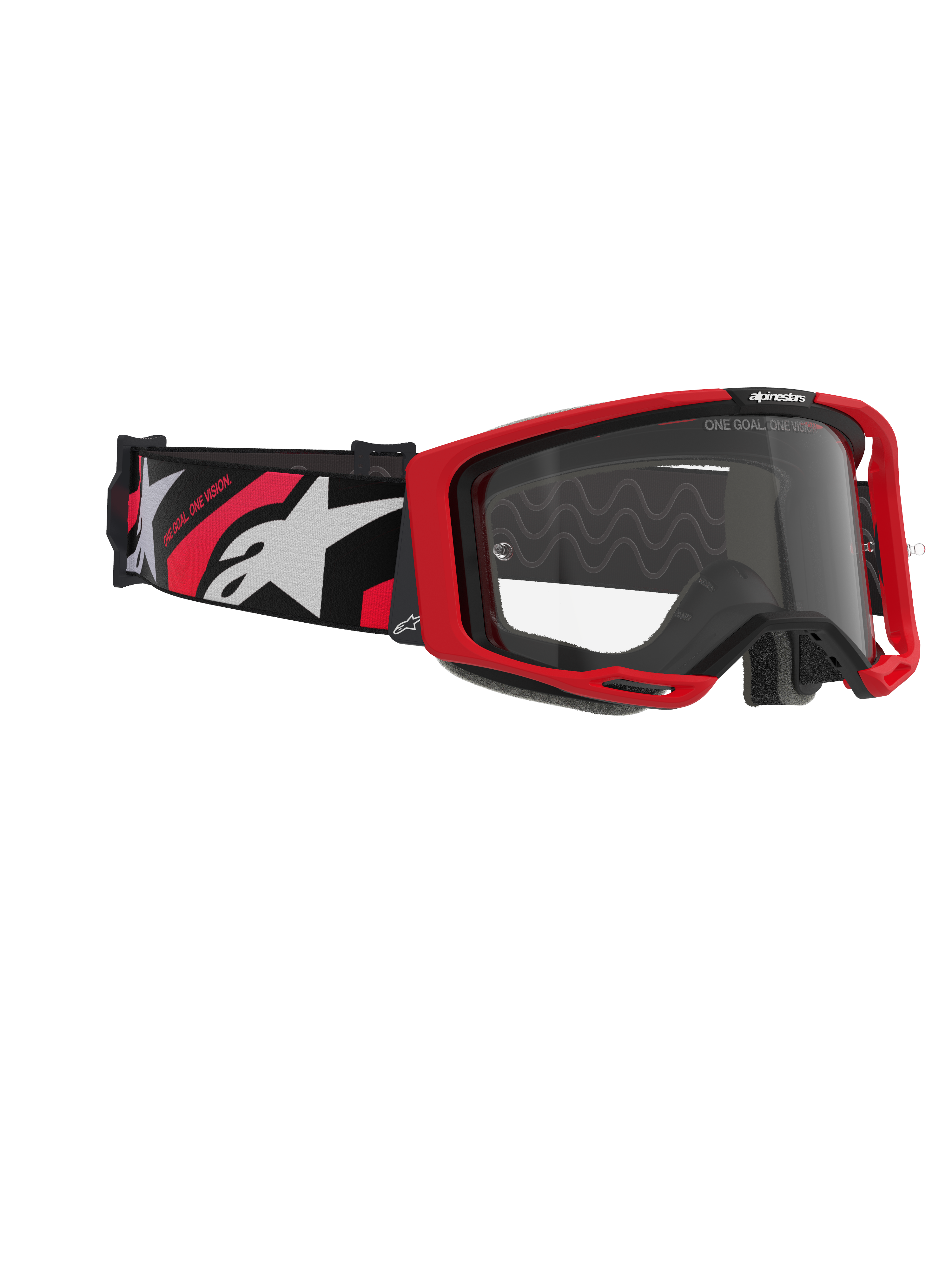 Alpinestars Vision 8 Luar Goggles, gogle motocrossowe, czerwono-czarne z przezroczystą szybką, z czerwoną oprawką, przezroczystą soczewką przeciwmgielną i czarnym paskiem z białymi i czerwonymi logotypami, profesjonalna ochrona oczu do jazdy terenowej