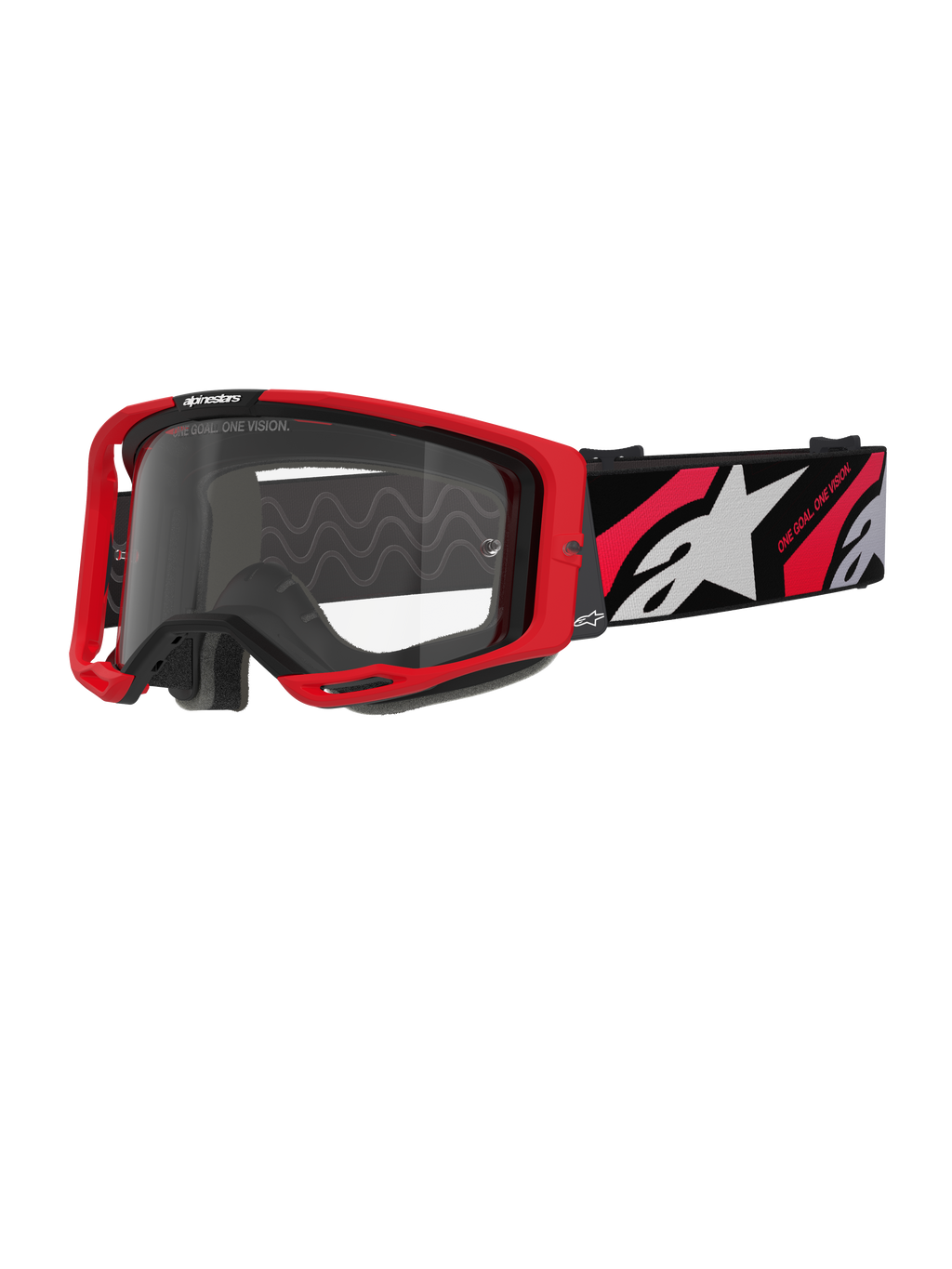Alpinestars Vision 8 Luar Goggles, gogle motocrossowe, czerwono-czarne z przezroczystą soczewką, czerwona oprawka A-FLEX, przezroczysta soczewka z powłoką przeciwmgielną, czarny tkany pasek z czerwono-białą grafiką i logo Alpinestars