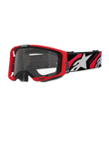 Alpinestars Vision 8 Luar Goggles, gogle motocrossowe, czerwono-czarne z przezroczystą soczewką, czerwona oprawka A-FLEX, przezroczysta soczewka z powłoką przeciwmgielną, czarny tkany pasek z czerwono-białą grafiką i logo Alpinestars