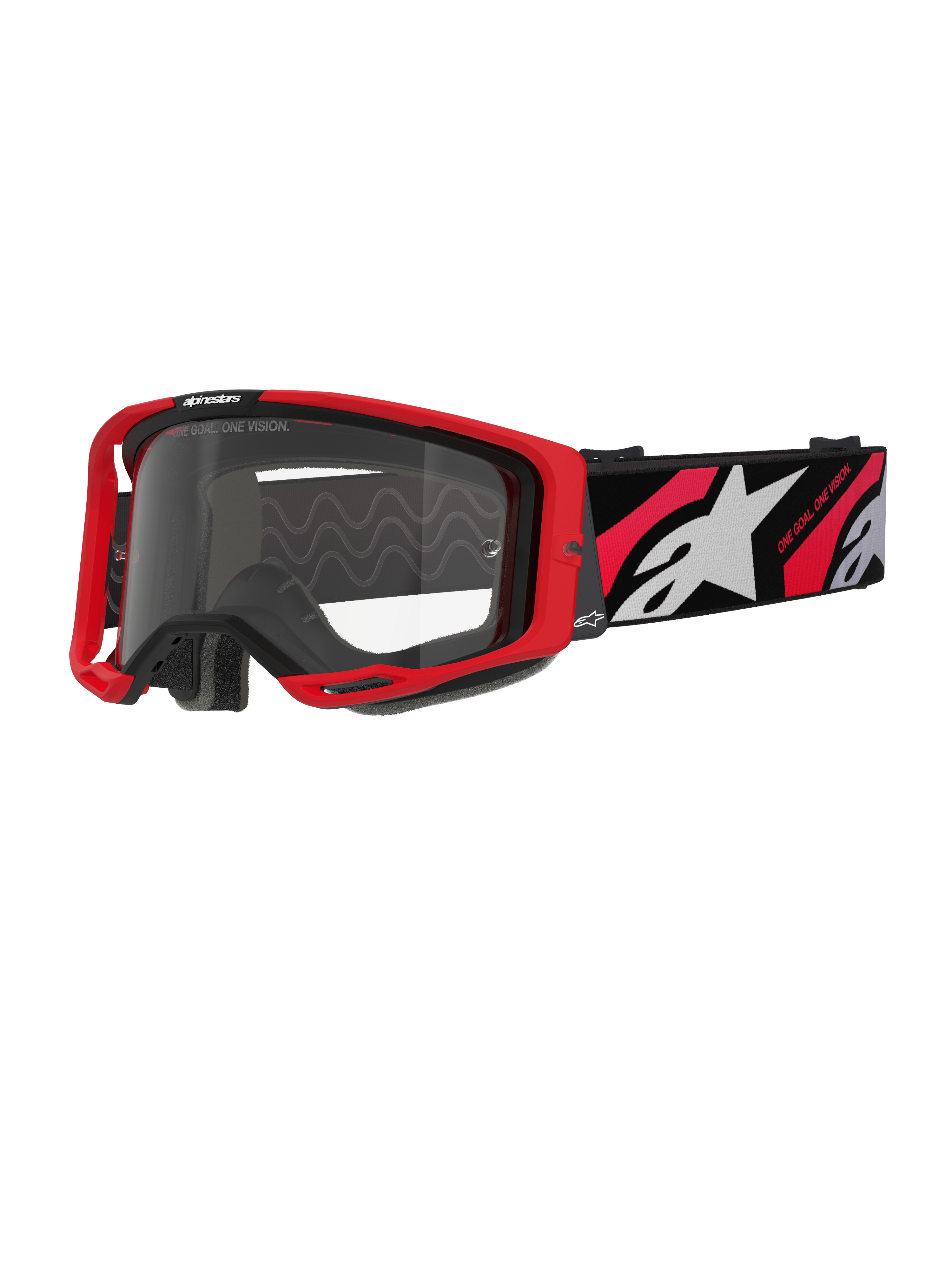 Alpinestars Vision 8 Luar Goggles, gogle motocrossowe, czerwono-czarne z przezroczystą soczewką, czerwona oprawka A-FLEX, przezroczysta soczewka z powłoką przeciwmgielną, czarny tkany pasek z czerwono-białą grafiką i logo Alpinestars