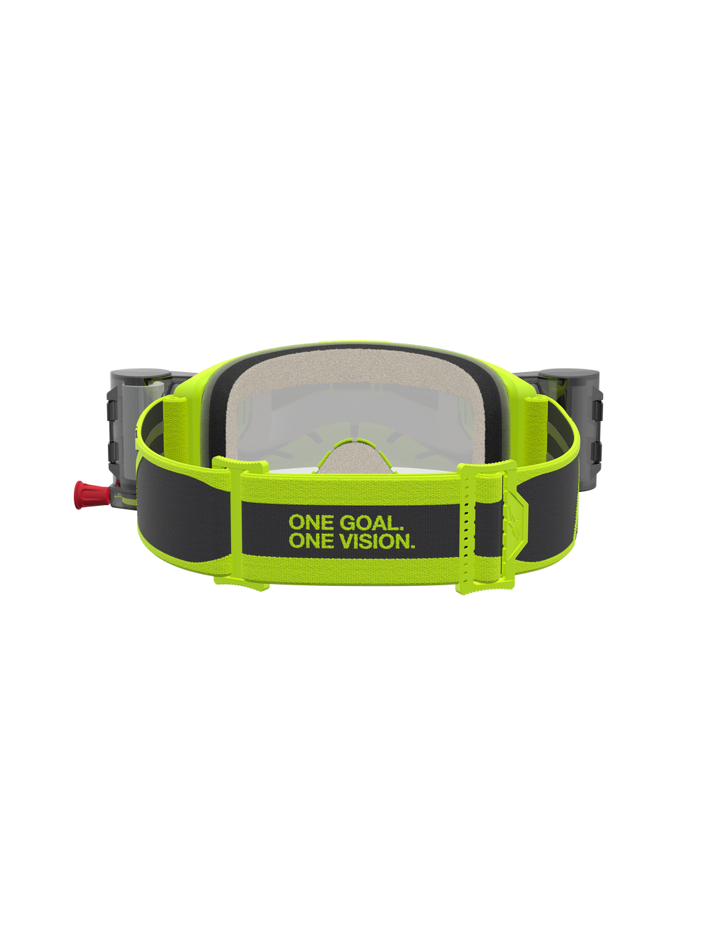 Gogle Alpinestars Vision 5 Rora Roll Off, żółte fluo i czarne gogle motocrossowe, widok na pasek z hasłem ONE GOAL. ONE VISION. i system roll-off.