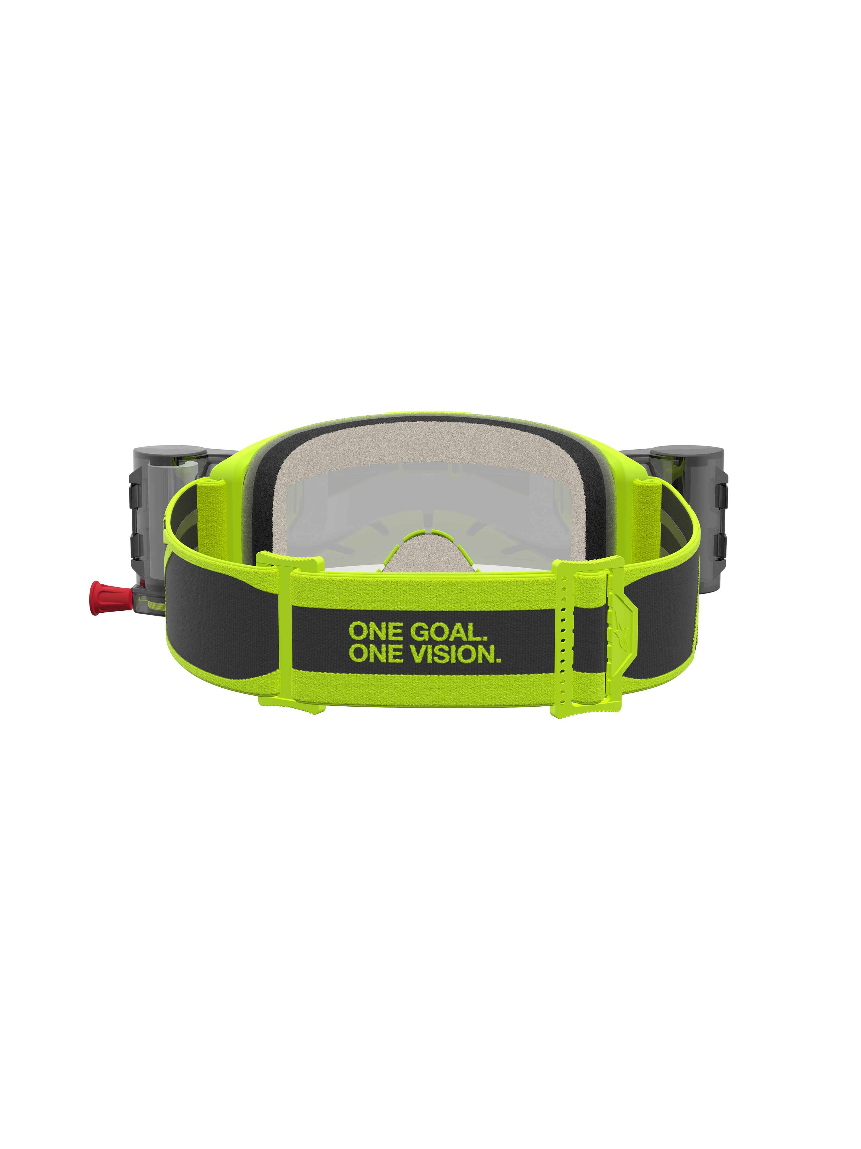 Gogle Alpinestars Vision 5 Rora Roll Off, żółte fluo i czarne gogle motocrossowe, widok na pasek z hasłem ONE GOAL. ONE VISION. i system roll-off.