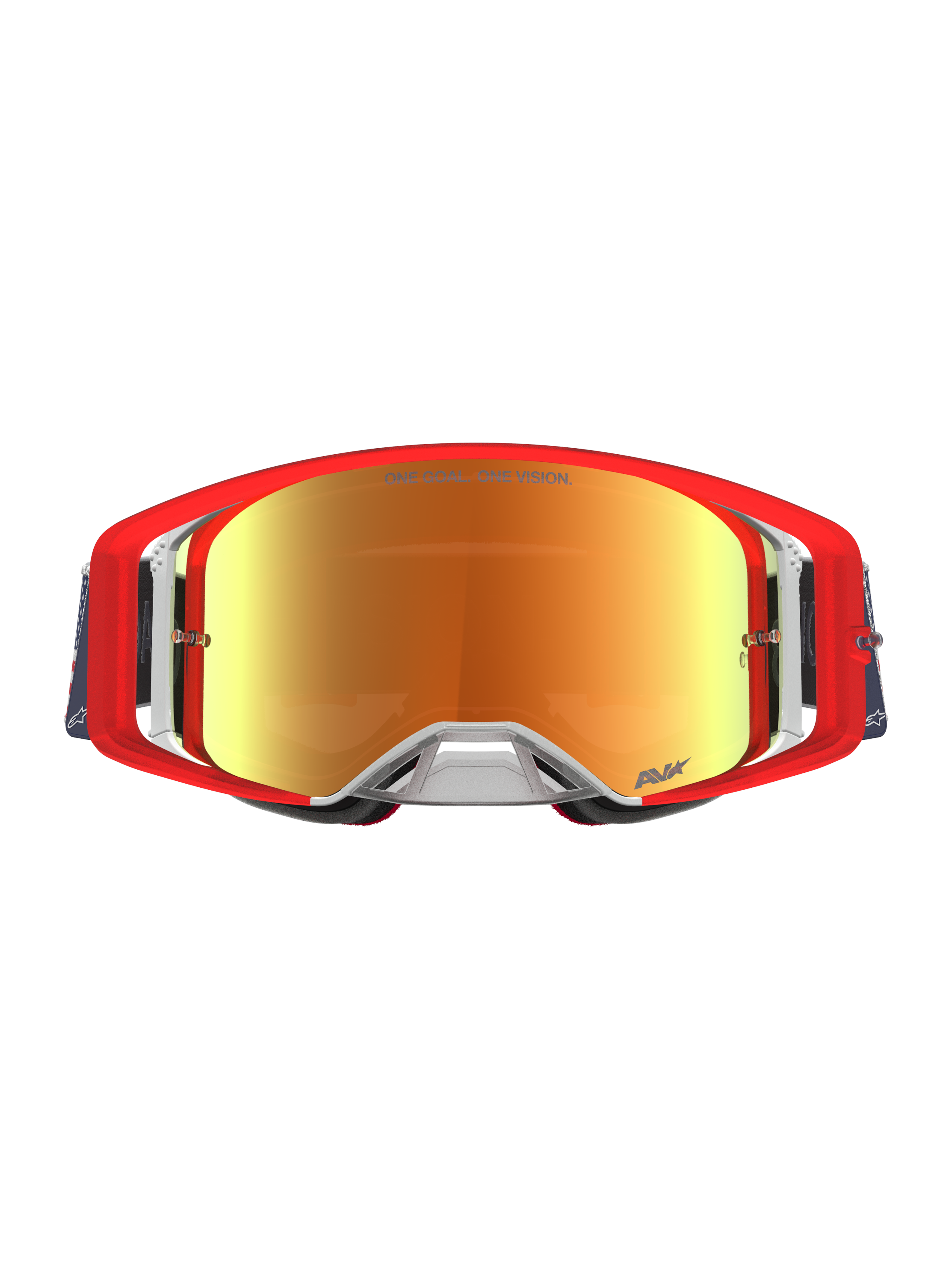 Alpinestars Supertech LE Fiftyfold, czerwone i niebieskie gogle motocrossowe z lustrzanymi soczewkami, edycja limitowana.