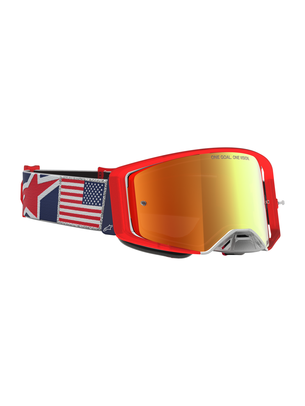 Alpinestars Supertech LE Fiftyfold, czerwone gogle motocrossowe z lustrzaną soczewką i paskiem z flagą USA