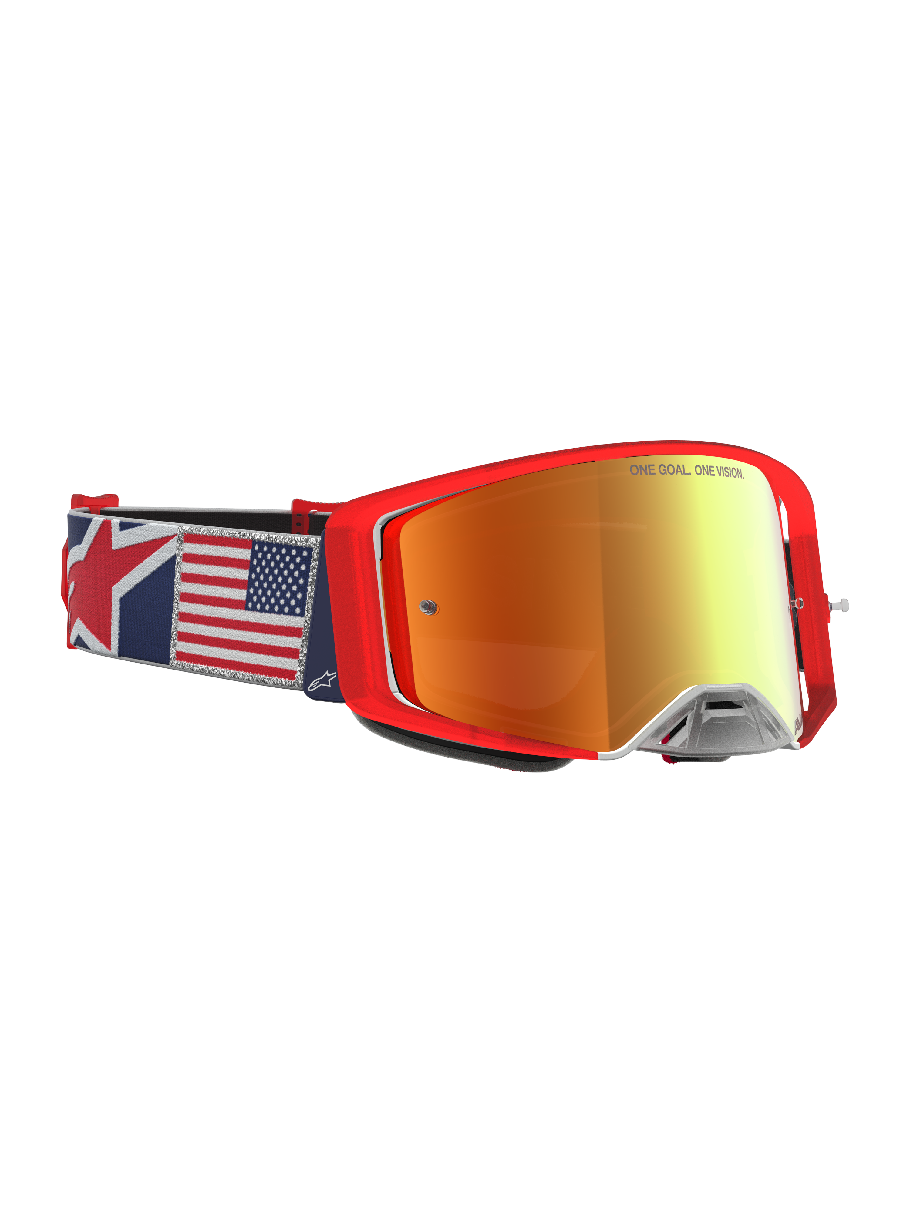 Alpinestars Supertech LE Fiftyfold, czerwone gogle motocrossowe z lustrzaną soczewką i paskiem z flagą USA