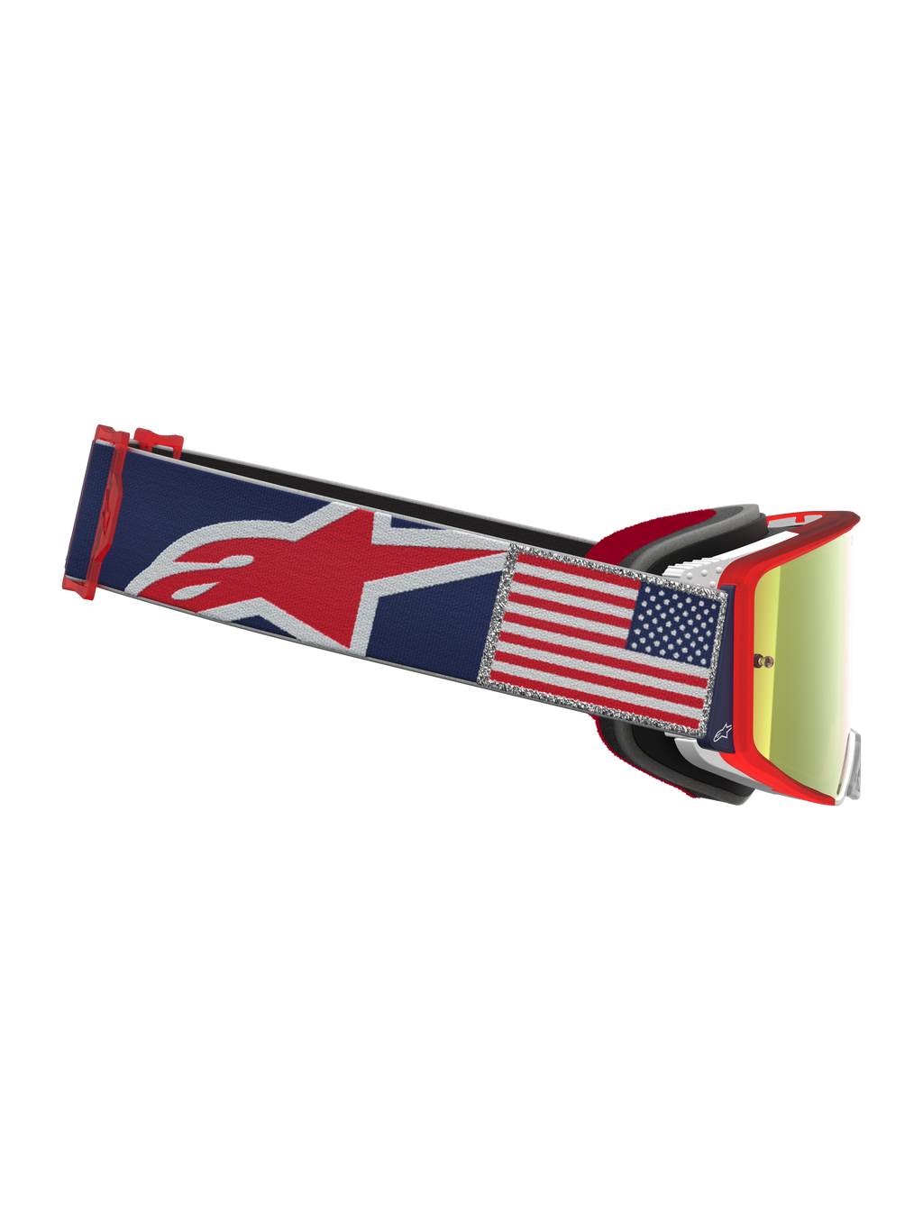 Alpinestars Supertech Fiftyfold, gogle motocrossowe, niebiesko-czerwone, czerwona lustrzana soczewka i naszywka z flagą USA.
