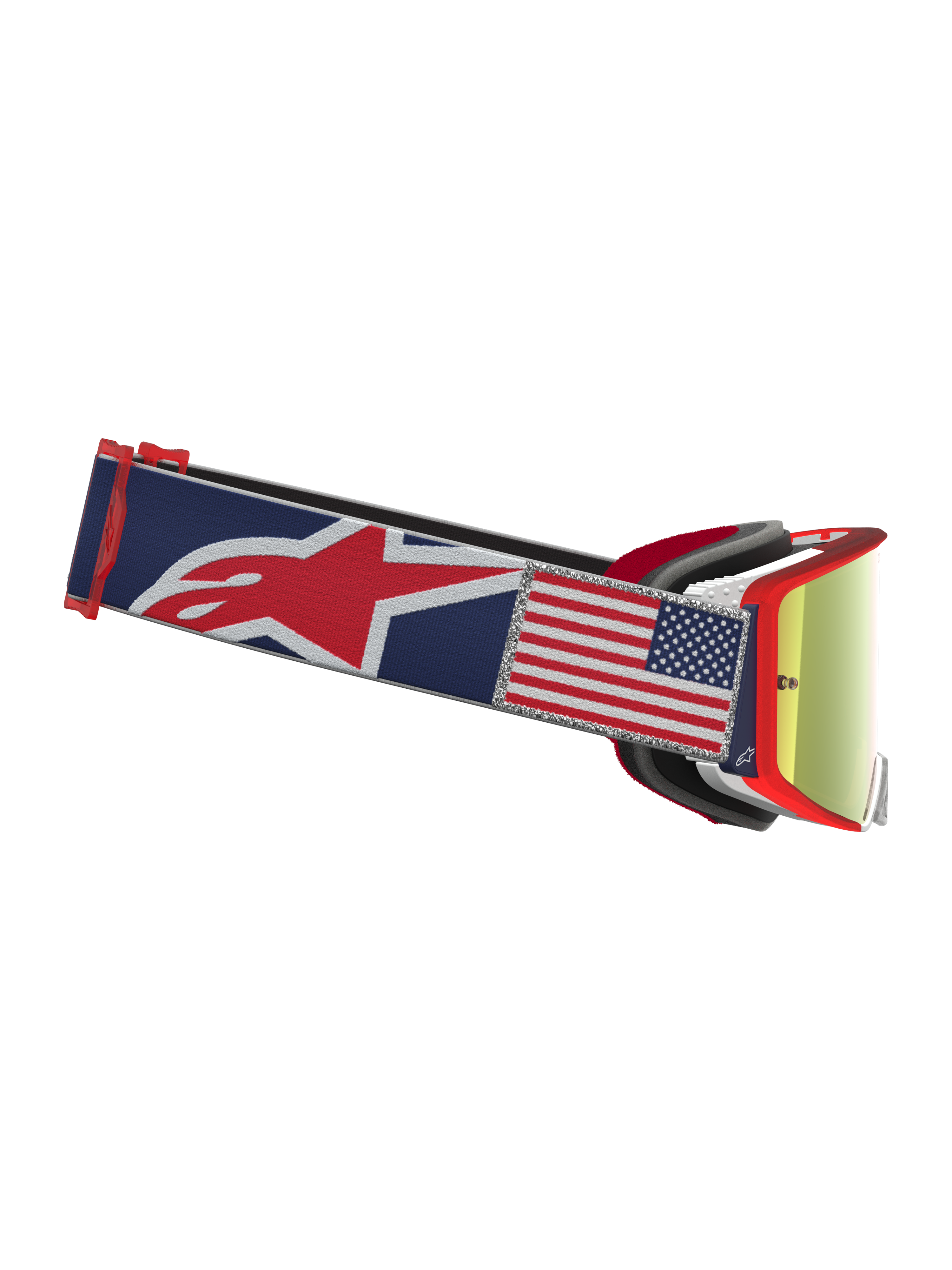 Alpinestars Supertech Fiftyfold, gogle motocrossowe, niebiesko-czerwone, czerwona lustrzana soczewka i naszywka z flagą USA.