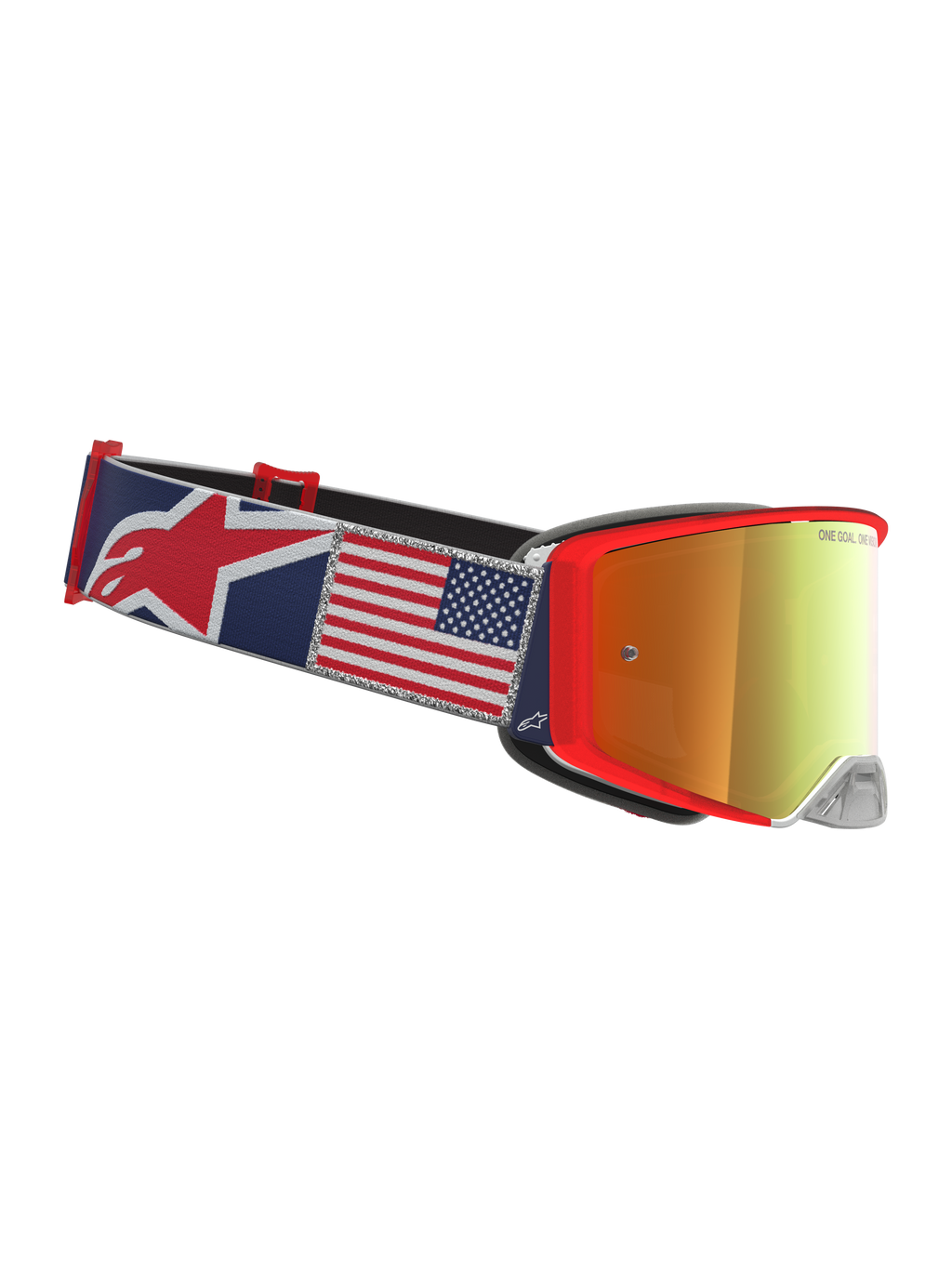 Alpinestars Supertech Fiftyfold, gogle motocrossowe, czerwone i niebieskie, pasek z grafiką flagi USA i lustrzana soczewka.