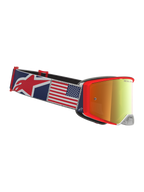 Alpinestars Supertech Fiftyfold, gogle motocrossowe, czerwone i niebieskie, pasek z grafiką flagi USA i lustrzana soczewka.