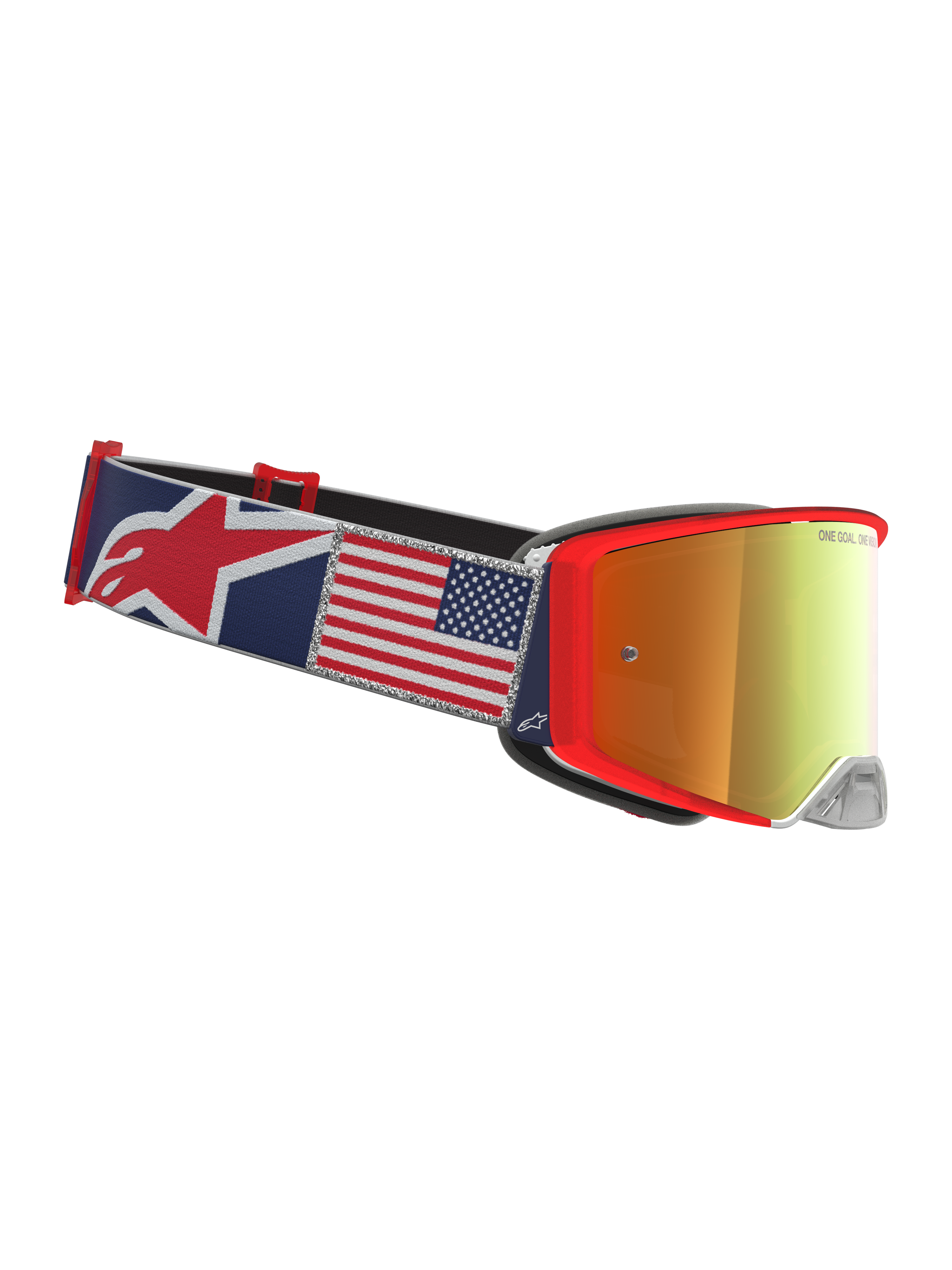 Alpinestars Supertech Fiftyfold, gogle motocrossowe, czerwone i niebieskie, pasek z grafiką flagi USA i lustrzana soczewka.