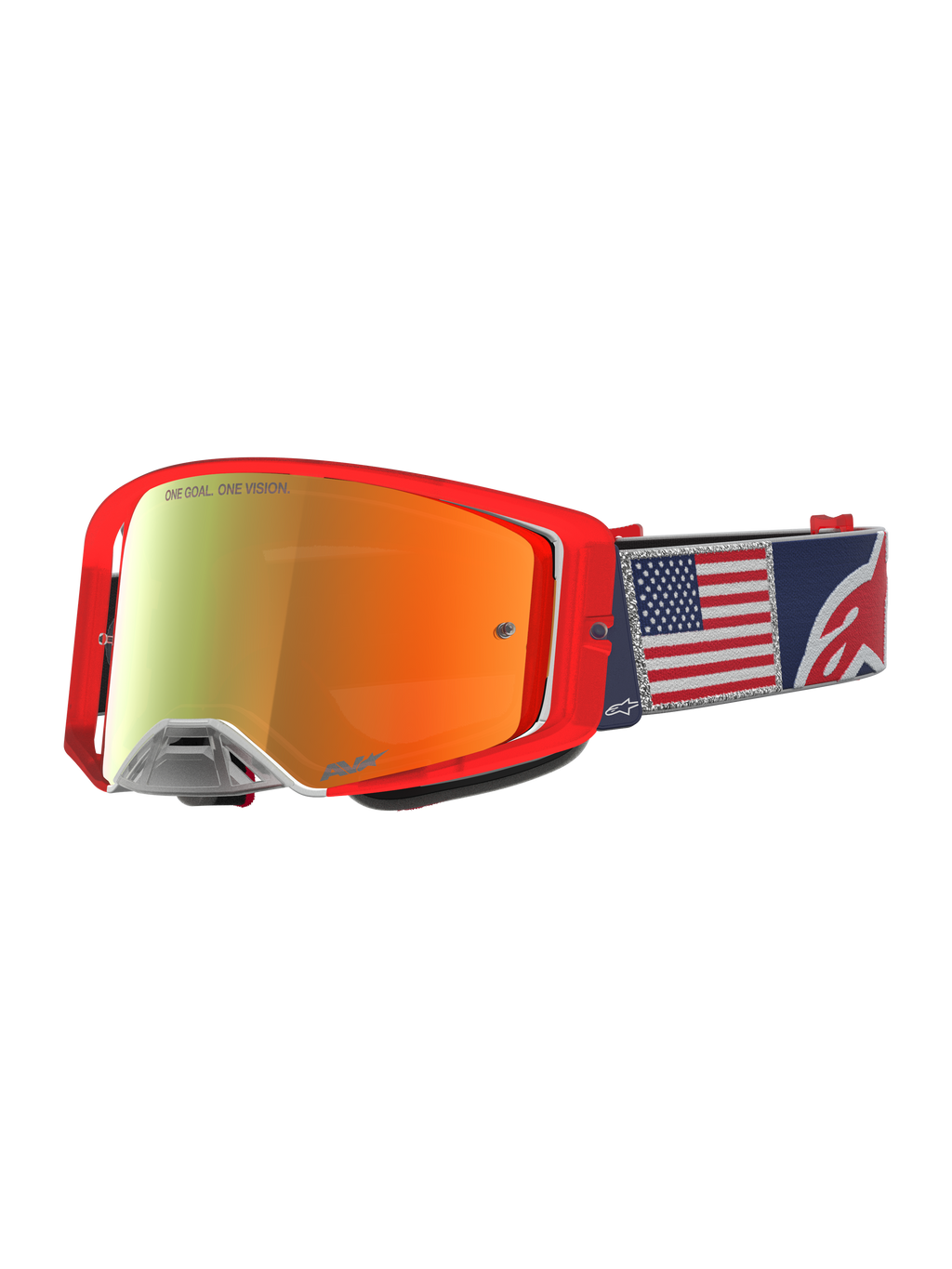 Alpinestars Supertech Fiftyfold, gogle motocrossowe MX, edycja limitowana, czerwone i niebieskie, lustrzana soczewka, pasek z motywem flagi USA