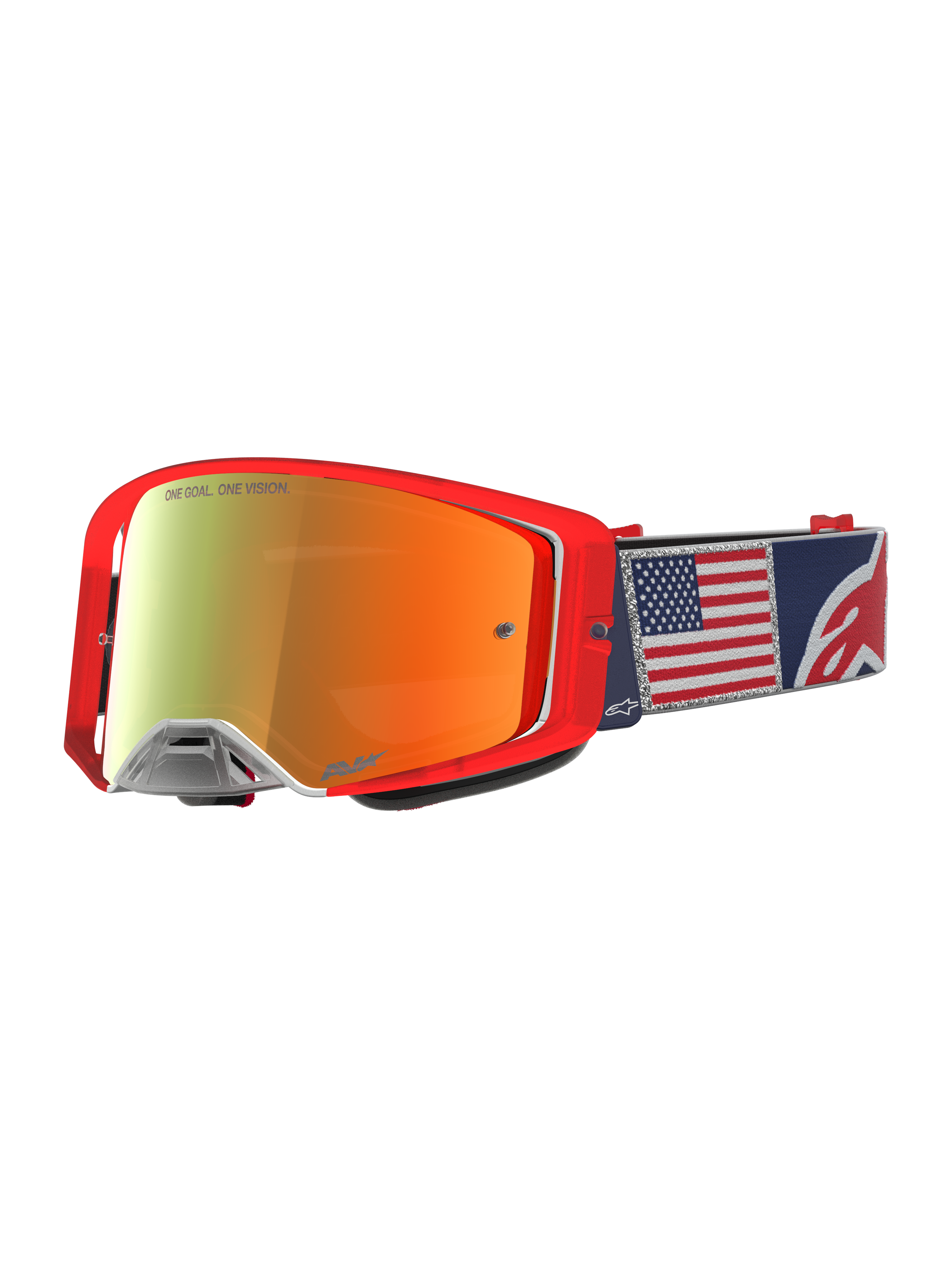Alpinestars Supertech Fiftyfold, gogle motocrossowe MX, edycja limitowana, czerwone i niebieskie, lustrzana soczewka, pasek z motywem flagi USA