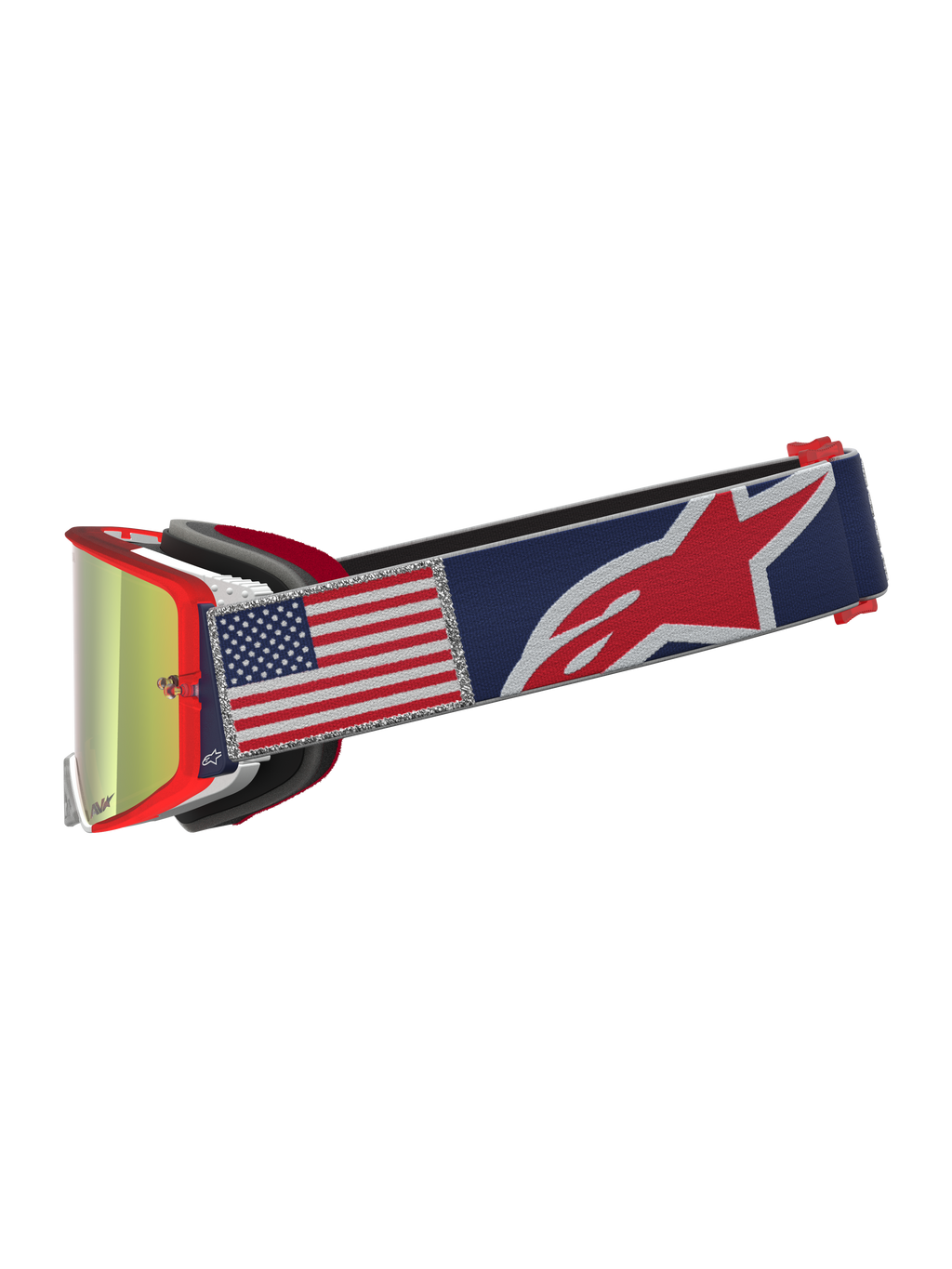 Alpinestars Supertech Fiftyfold, gogle MX, czerwone i niebieskie, lustrzana soczewka, pasek z flagą USA, edycja limitowana