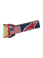 Alpinestars Supertech Fiftyfold, gogle MX, czerwone i niebieskie, lustrzana soczewka, pasek z flagą USA, edycja limitowana