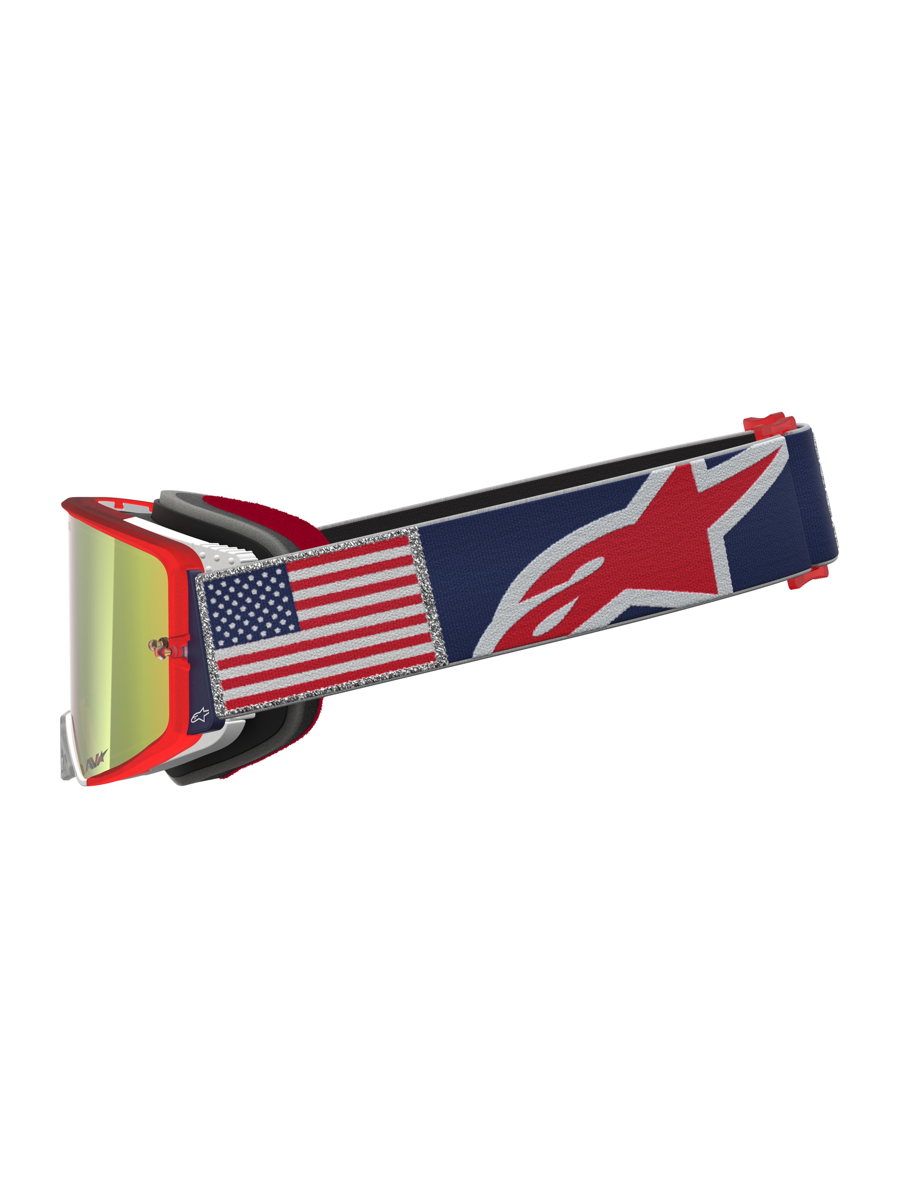 Alpinestars Supertech Fiftyfold, gogle MX, czerwone i niebieskie, lustrzana soczewka, pasek z flagą USA, edycja limitowana