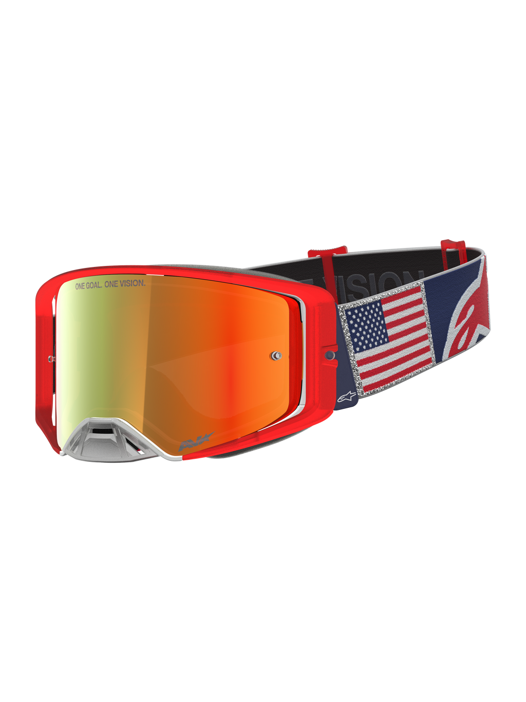 Alpinestars Supertech Fiftyfold Limited Edition, czerwone gogle motocrossowe, lustrzana soczewka i pasek z flagą USA.