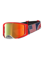 Alpinestars Supertech Fiftyfold Limited Edition, czerwone gogle motocrossowe, lustrzana soczewka i pasek z flagą USA.