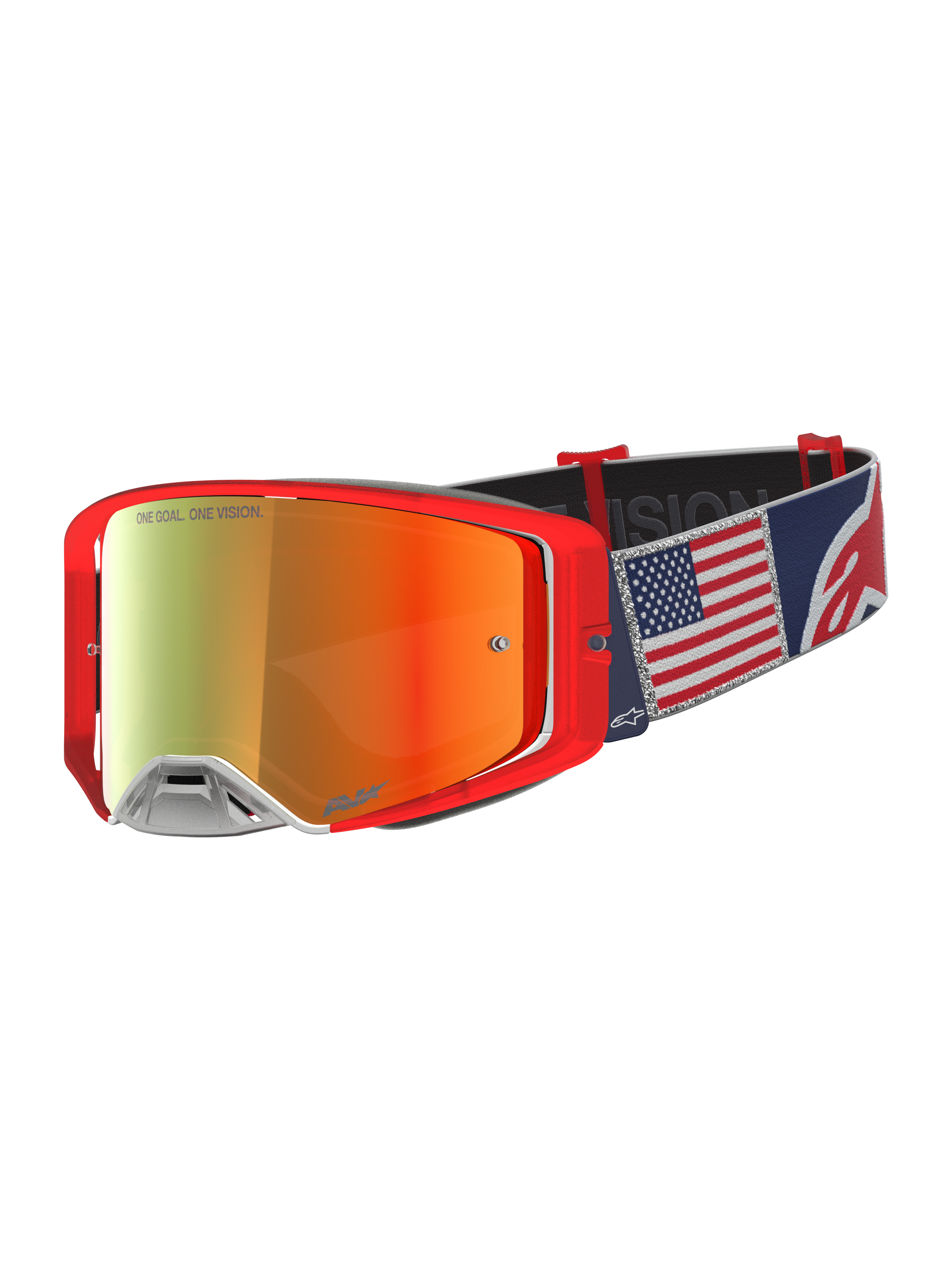 Alpinestars Supertech Fiftyfold Limited Edition, czerwone gogle motocrossowe, lustrzana soczewka i pasek z flagą USA.