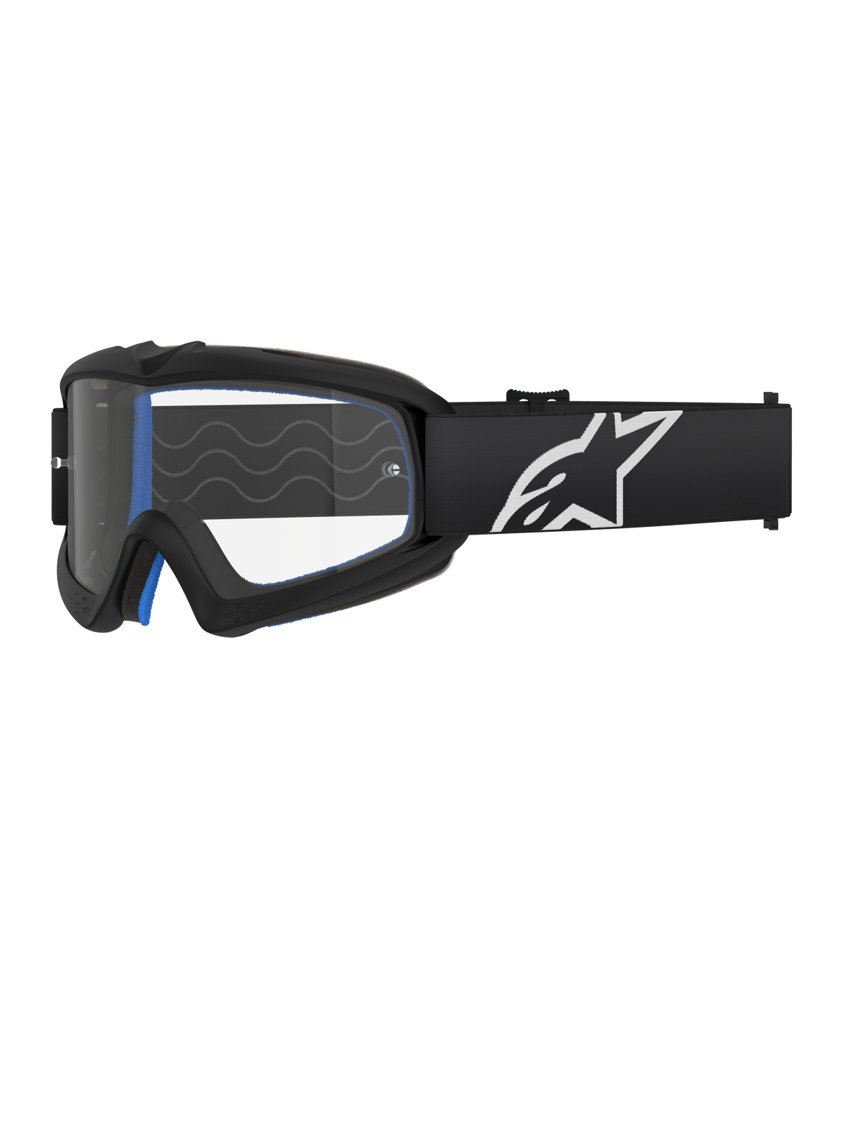 Alpinestars Vision Youth Corp Goggles, gogle motocrossowe dla młodzieży, czarne z niebieską wyściółką, przezroczysta soczewka z falistym wzorem, czarny pasek z białym logo gwiazdy, nowoczesny i smukły design