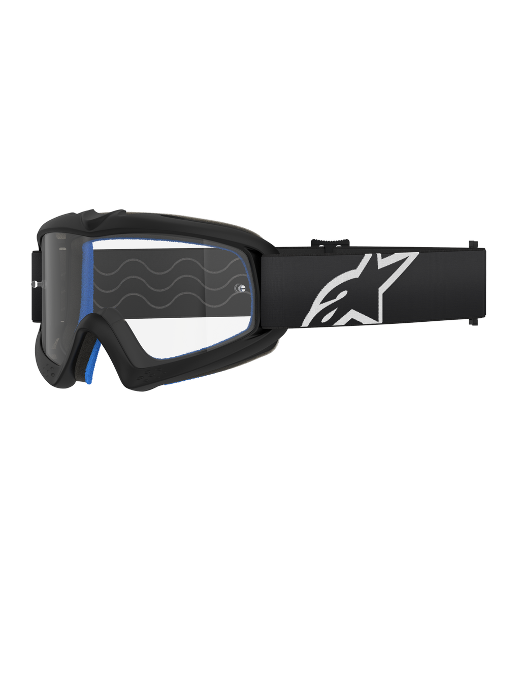 Alpinestars Vision Youth Corp Goggles, gogle motocrossowe dla młodzieży, czarne z niebieską wyściółką, przezroczysta soczewka z falistym wzorem, czarny pasek z białym logo gwiazdy, nowoczesny i smukły design
