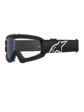 Alpinestars Vision Youth Corp Goggles, gogle motocrossowe dla młodzieży, czarne z niebieską wyściółką, przezroczysta soczewka z falistym wzorem, czarny pasek z białym logo gwiazdy, nowoczesny i smukły design