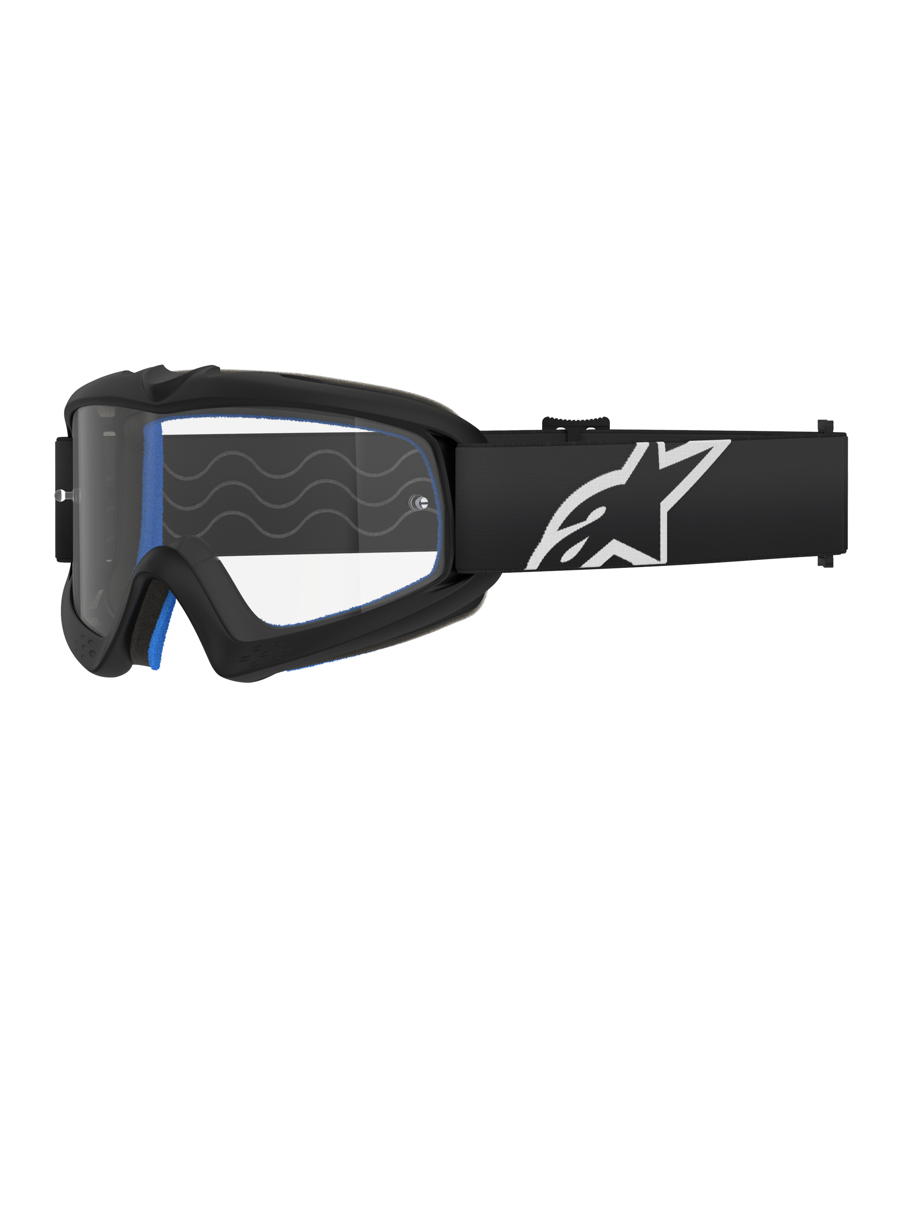 Alpinestars Vision Youth Corp Goggles, gogle motocrossowe dla młodzieży, czarne z niebieską wyściółką, przezroczysta soczewka z falistym wzorem, czarny pasek z białym logo gwiazdy, nowoczesny i smukły design