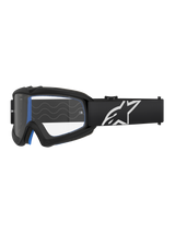 Alpinestars Vision Youth Corp Goggles, Motocross Goggles, Black and Clear, featuring a black strap with a white star logo, blue inner foam padding, sleek protective design for youth riders