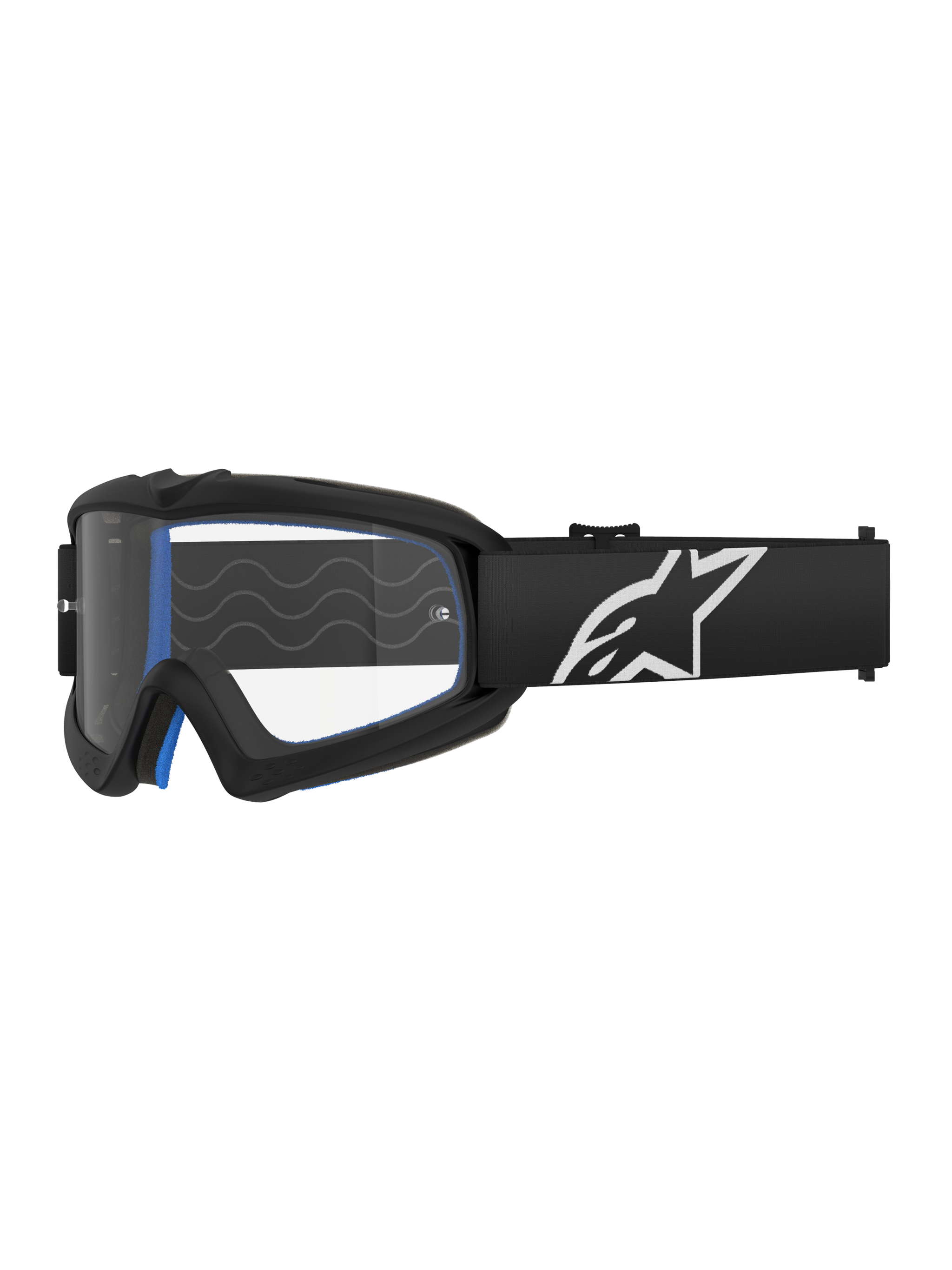 Alpinestars Vision Youth Corp Goggles, Motocross Goggles, Black and Clear, featuring a black strap with a white star logo, blue inner foam padding, sleek protective design for youth riders