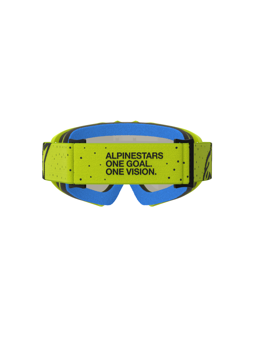 Alpinestars Vision Vesta, gogle motocrossowe młodzieżowe, żółte i niebieskie, widok na pasek z mottem One Goal. One Vision.