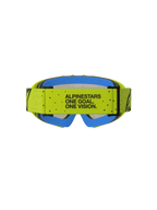 Alpinestars Vision Vesta, gogle motocrossowe młodzieżowe, żółte i niebieskie, widok na pasek z mottem One Goal. One Vision.