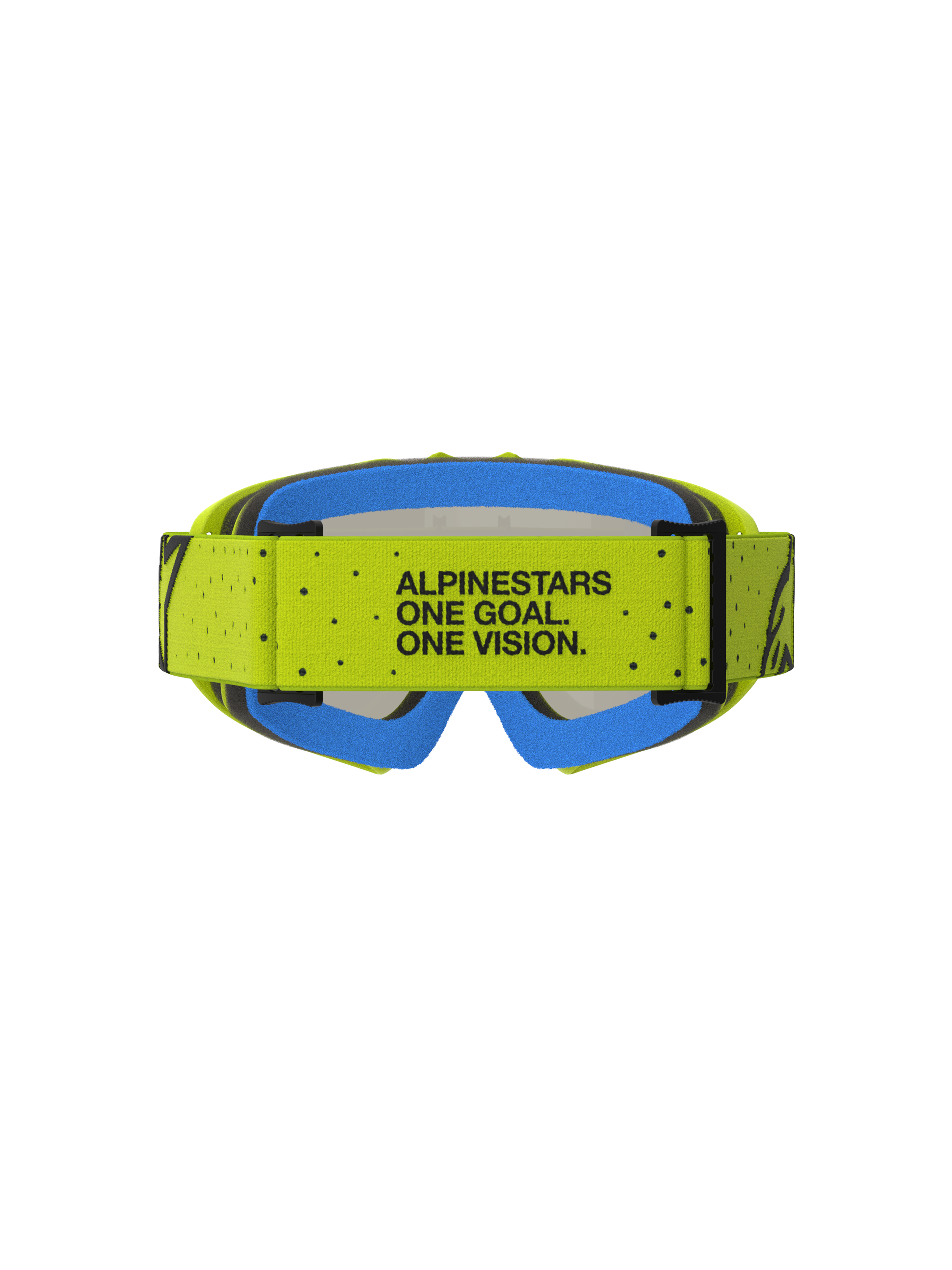Alpinestars Vision Vesta, gogle motocrossowe młodzieżowe, żółte i niebieskie, widok na pasek z mottem One Goal. One Vision.