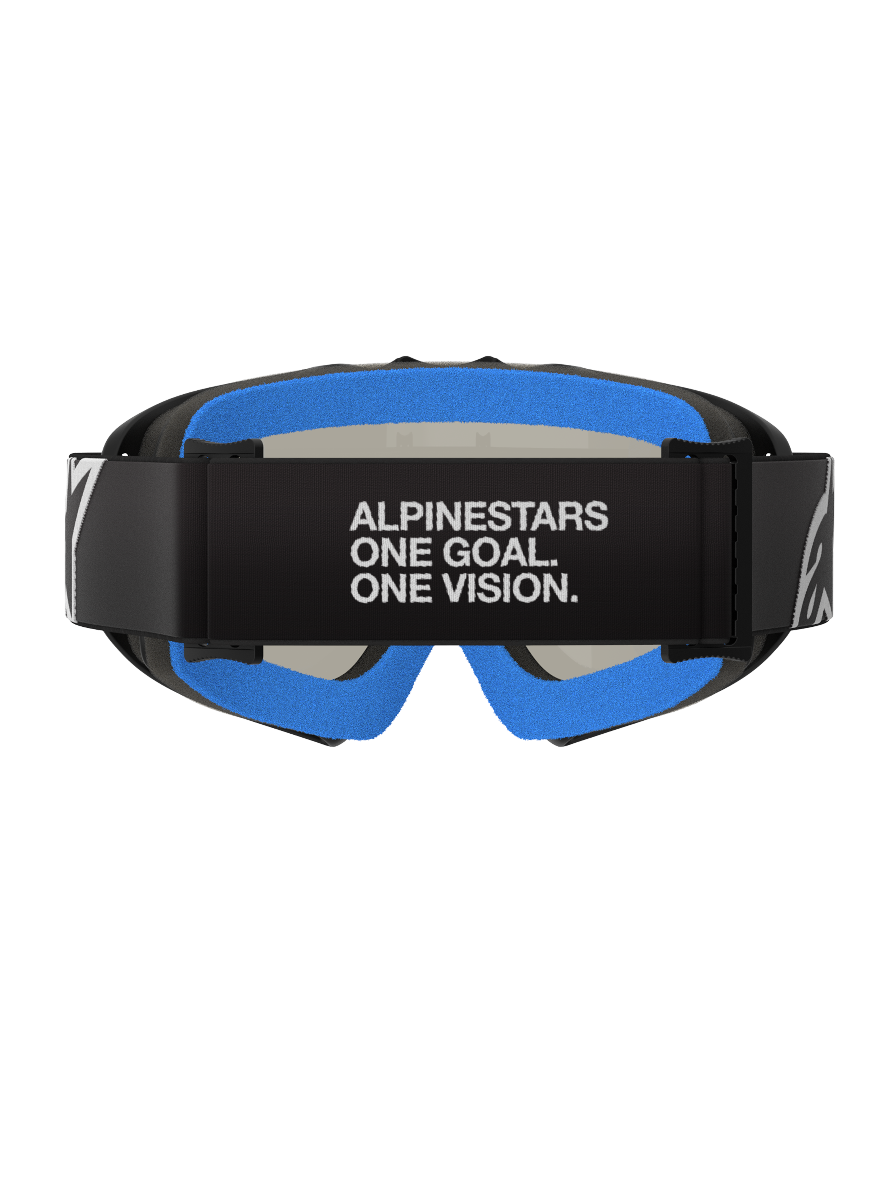 Gogle Alpinestars Vision Youth Corp, Black Mirror Silver, gogle motocrossowe, widok od tyłu, czarny pasek z białym napisem „ALPINESTARS ONE GOAL. ONE VISION.”, jaskrawoniebieska pluszowa pianka, czarna ramka A-FLEX