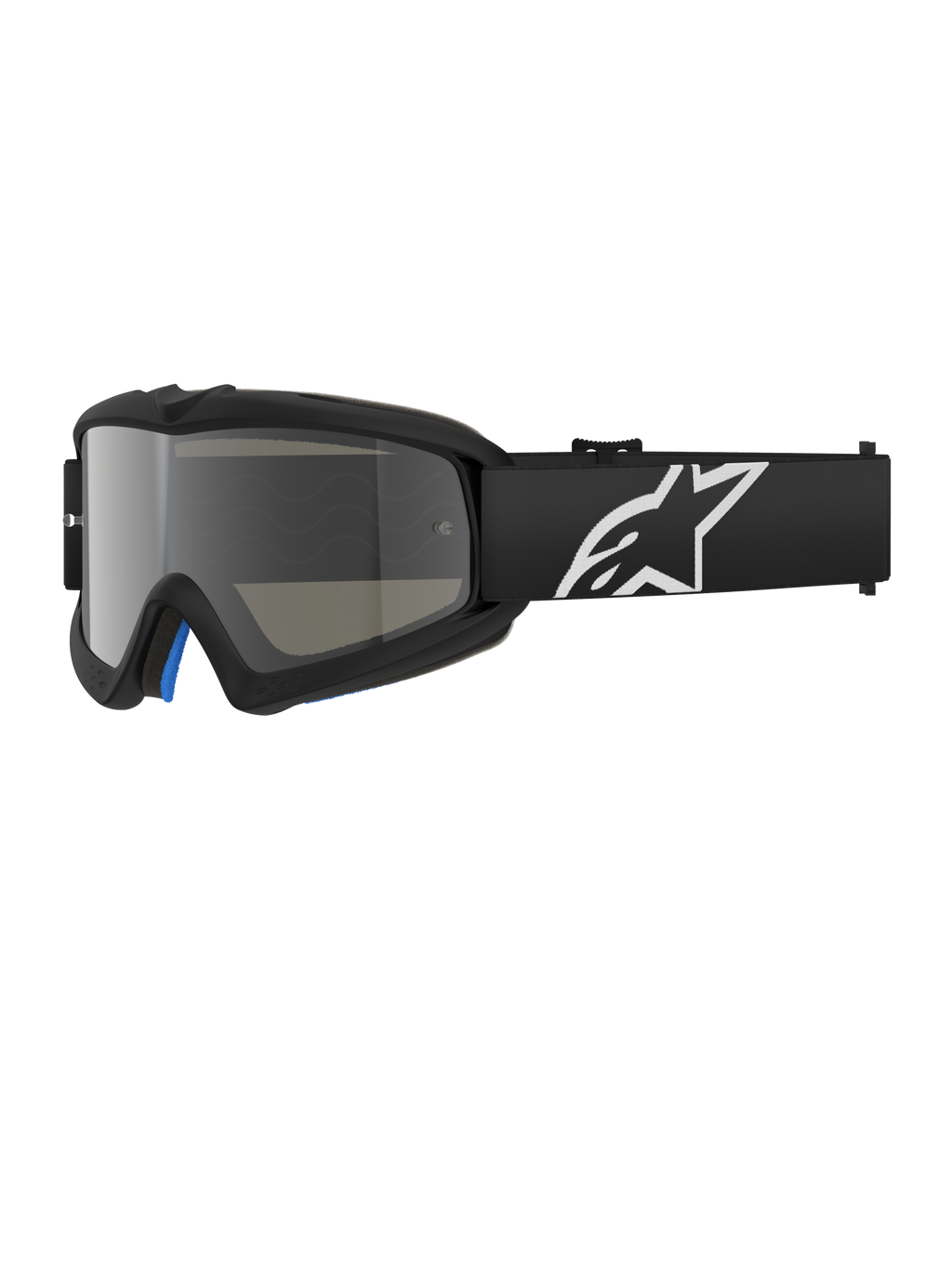 Alpinestars Vision Youth Corp Goggles, czarne gogle motocrossowe ze srebrną lustrzaną soczewką, rozmiar młodzieżowy, czarny regulowany pasek z białym logo gwiazdy, niebieska wewnętrzna wyściółka z pianki, zaprojektowane do wyścigów motocyklowych off-road