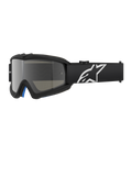 Alpinestars Vision Youth Corp Goggles, czarne gogle motocrossowe ze srebrną lustrzaną soczewką, rozmiar młodzieżowy, czarny regulowany pasek z białym logo gwiazdy, niebieska wewnętrzna wyściółka z pianki, zaprojektowane do wyścigów motocyklowych off-road