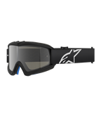 Alpinestars Vision Youth Corp Goggles, czarne gogle motocrossowe ze srebrną lustrzaną soczewką, rozmiar młodzieżowy, czarny regulowany pasek z białym logo gwiazdy, niebieska wewnętrzna wyściółka z pianki, zaprojektowane do wyścigów motocyklowych off-road