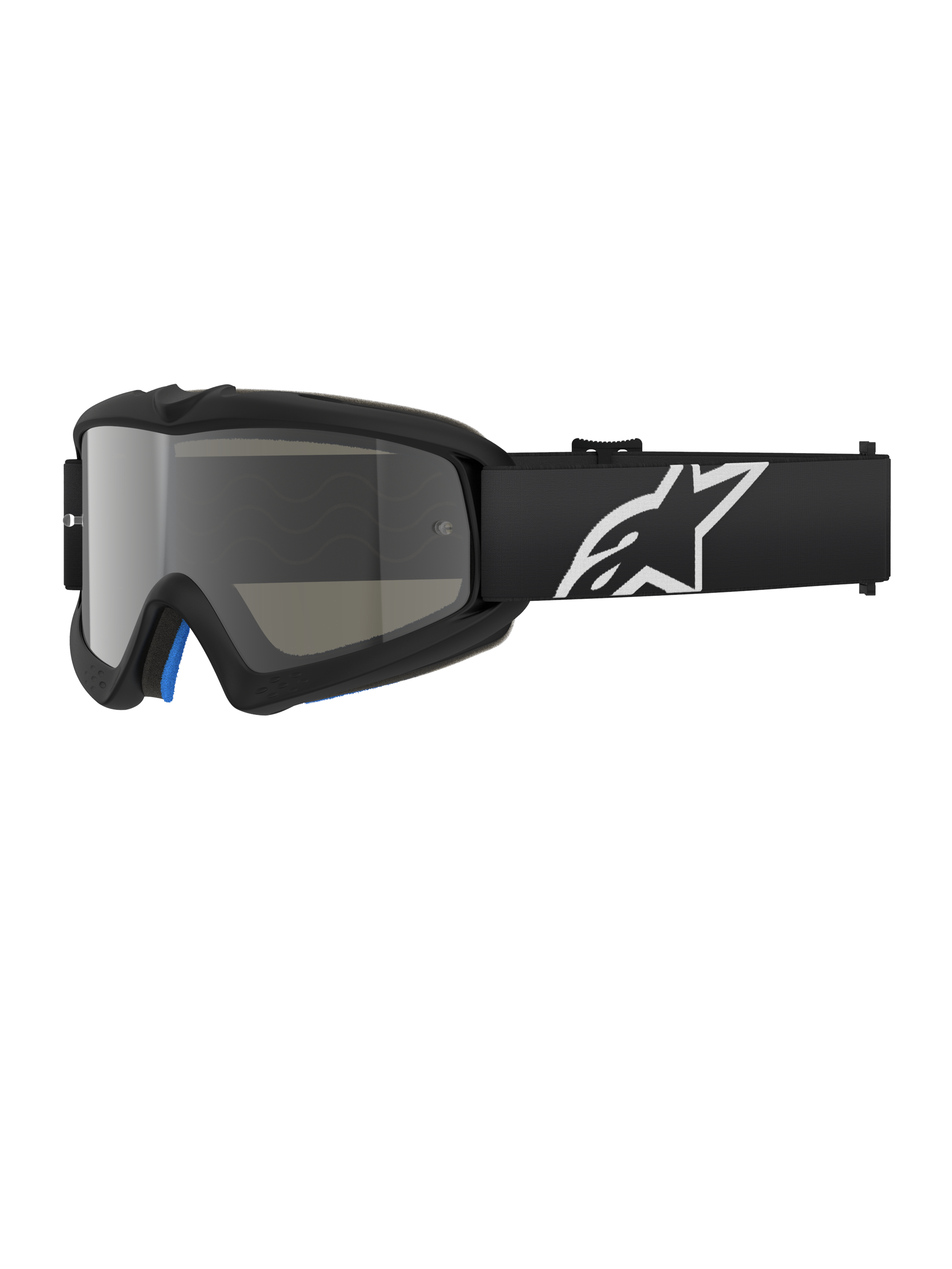 Alpinestars Vision Youth Corp Goggles, czarne gogle motocrossowe ze srebrną lustrzaną soczewką, rozmiar młodzieżowy, czarny regulowany pasek z białym logo gwiazdy, niebieska wewnętrzna wyściółka z pianki, zaprojektowane do wyścigów motocyklowych off-road